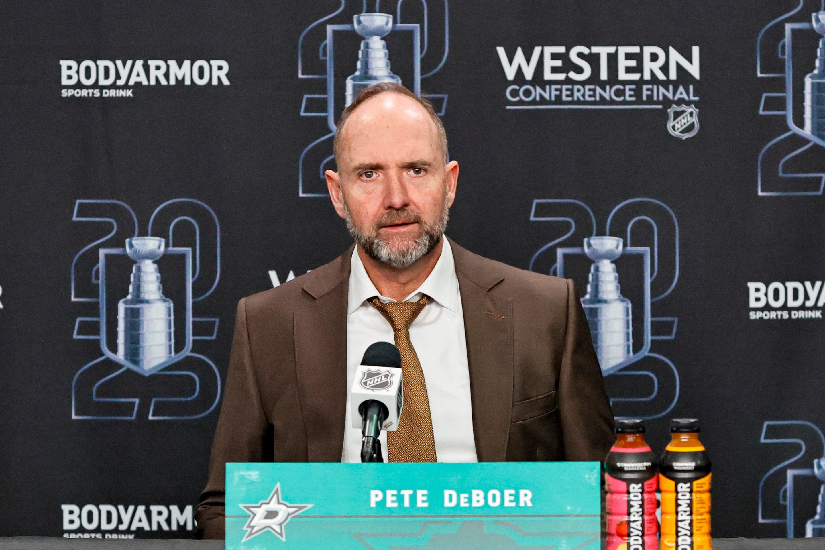 , TX - MAY 29: Dallas Stars head coach Pete DeBoer takes questions from the media after game 5 of the Western Conference Final between the Dallas Stars and the Edmonton Oilers on May 29, 2025 at American Airlines Center in Dallas, Texas. (Photo by Matthew Pearce/Icon Sportswire via Getty Images)