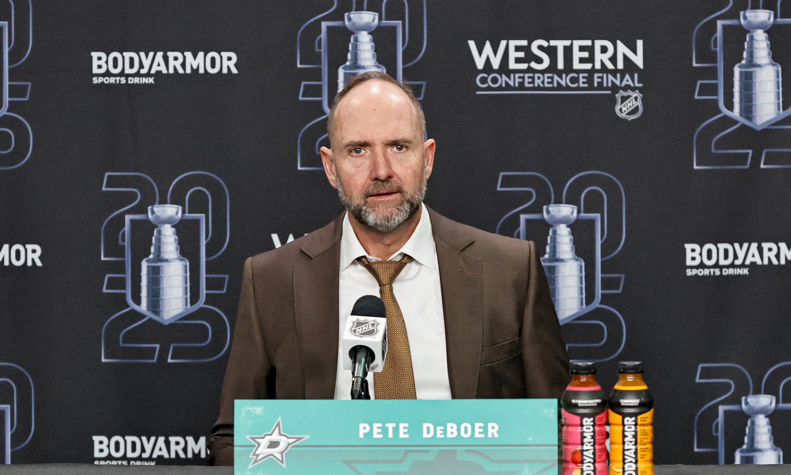 , TX - MAY 29: Dallas Stars head coach Pete DeBoer takes questions from the media after game 5 of the Western Conference Final between the Dallas Stars and the Edmonton Oilers on May 29, 2025 at American Airlines Center in Dallas, Texas. (Photo by Matthew Pearce/Icon Sportswire via Getty Images)