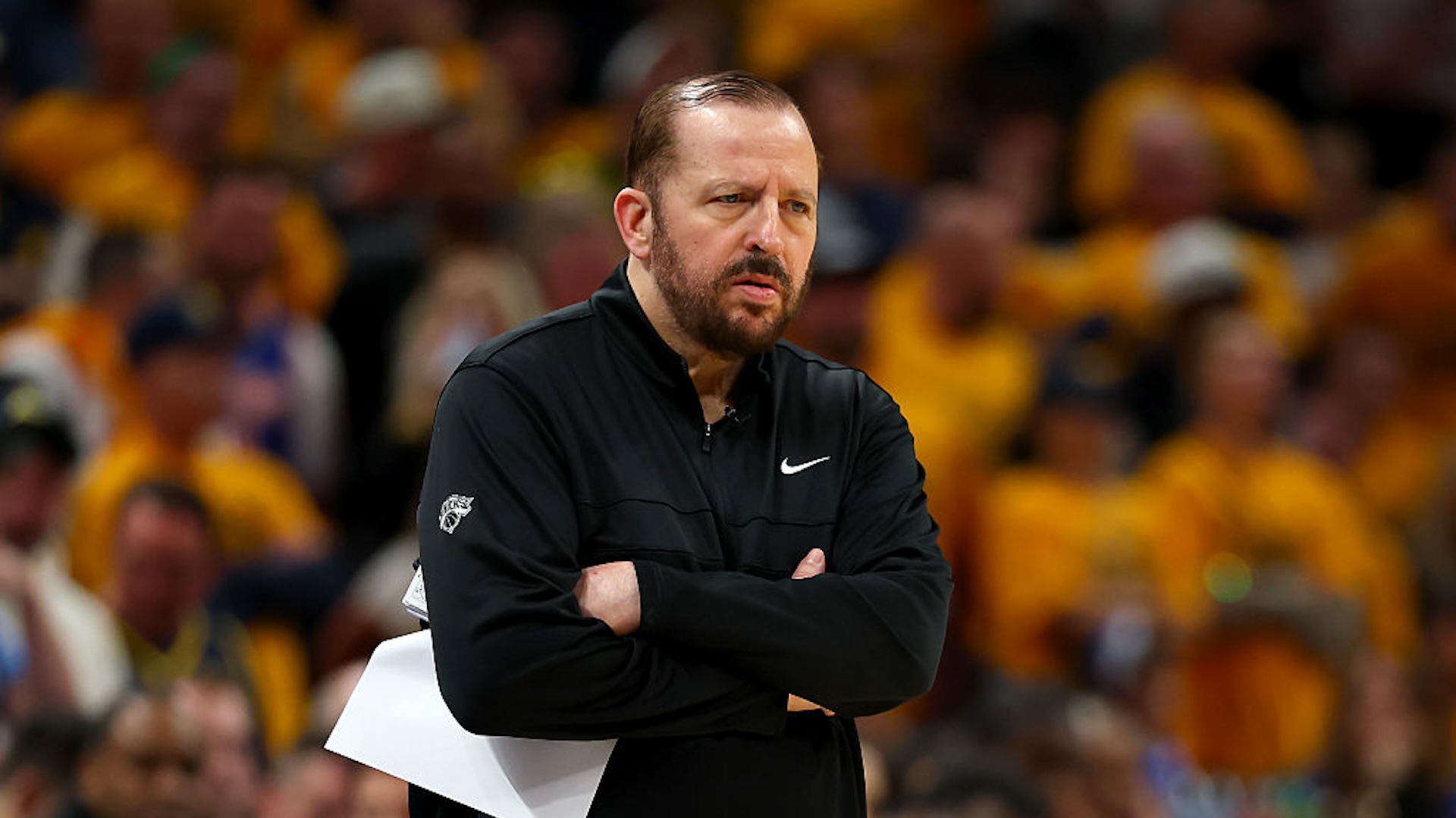 Head coach Tom Thibodeau of the New York Knicks reacts against the Indiana Pacers during the fourth quarter in Game Three of the Eastern Conference Finals of the 2025 NBA Playoffs at Gainbridge Fieldhouse on May 25, 2025 in Indianapolis, Indiana.
