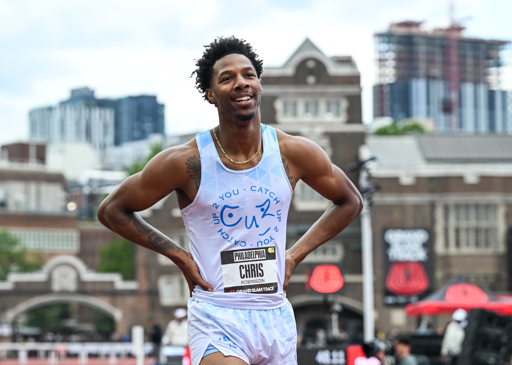 Chris Robinson of the United States stands at the finish line after competing in the Men's 400 Meters Hurdles during the third leg of the Grand Slam Track series at Franklin Field in Philadelphia, Pennsylvania, United States, on May 31, 2025. (Photo by STR/NurPhoto)