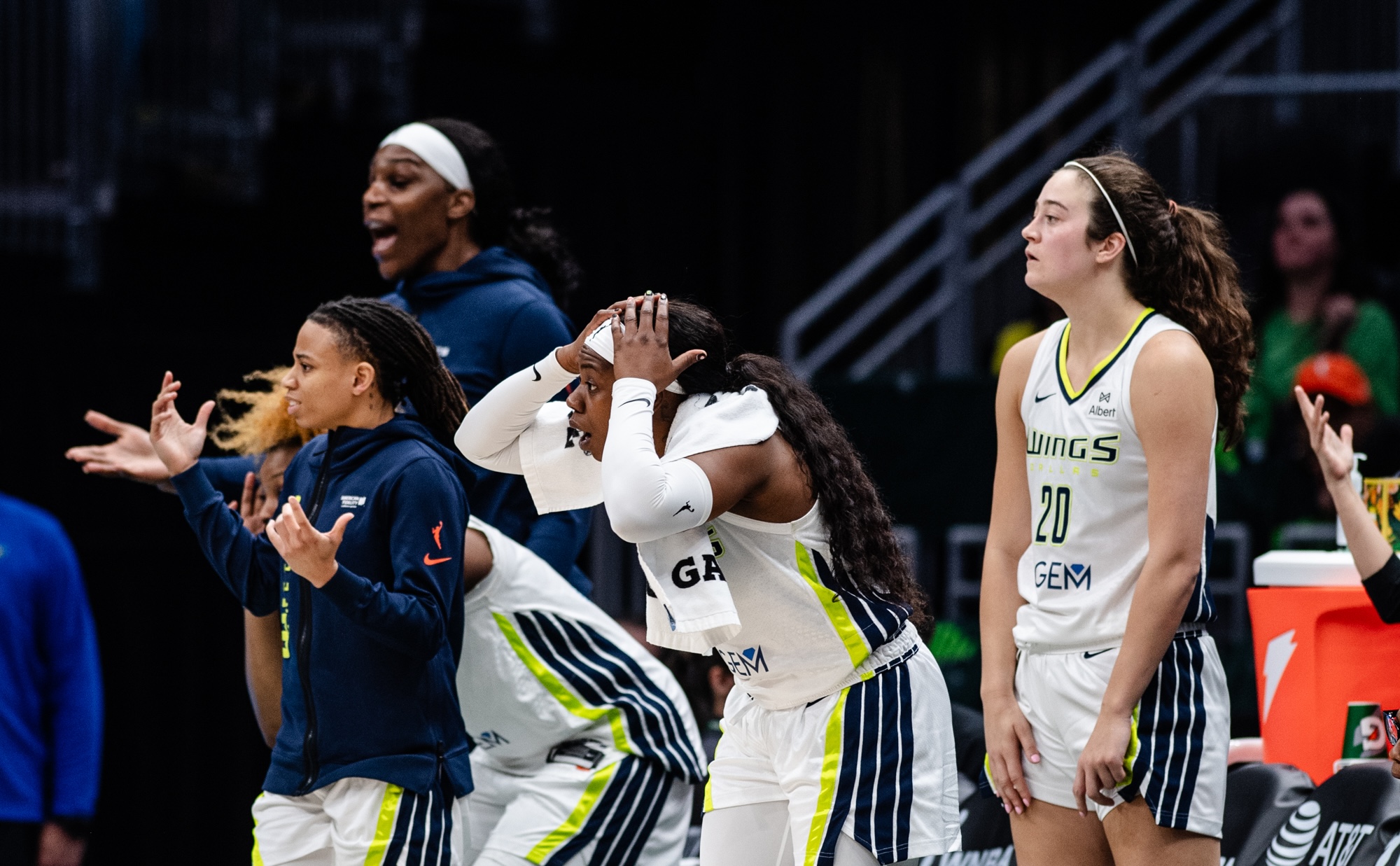 The Dallas Wings bench reacts during the third quarter of the game against the Seattle Storm at Climate Pledge Arena on June 3, 2025 in Seattle, Washington.