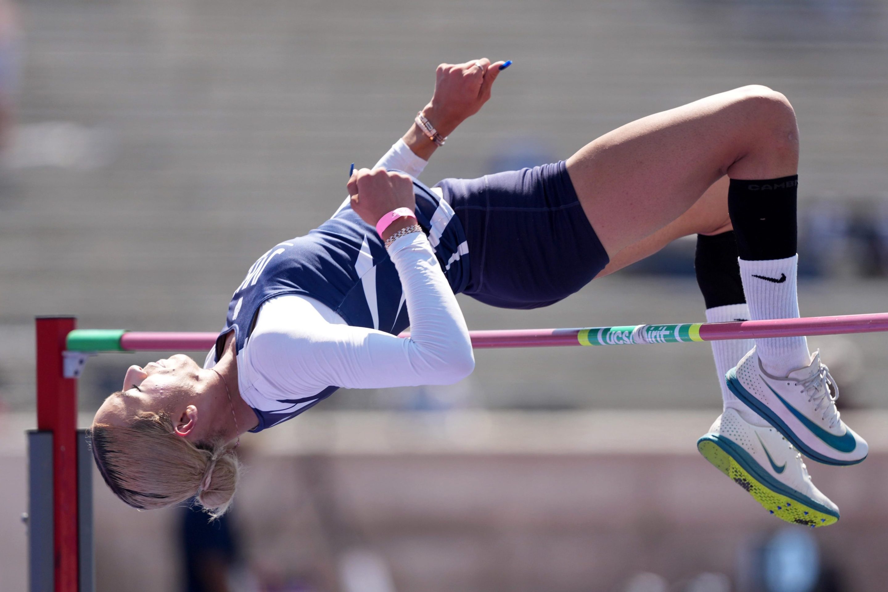 AB Hernandez of Jurupa Valley competes in the girls high jump during the CIF State Track and Field Championships at Veterans Memorial Stadium on May 30, 2025 in Clovis, California.