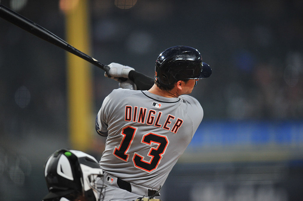 Detroit Tigers catcher Dillon Dingler (13) hits an RBI single