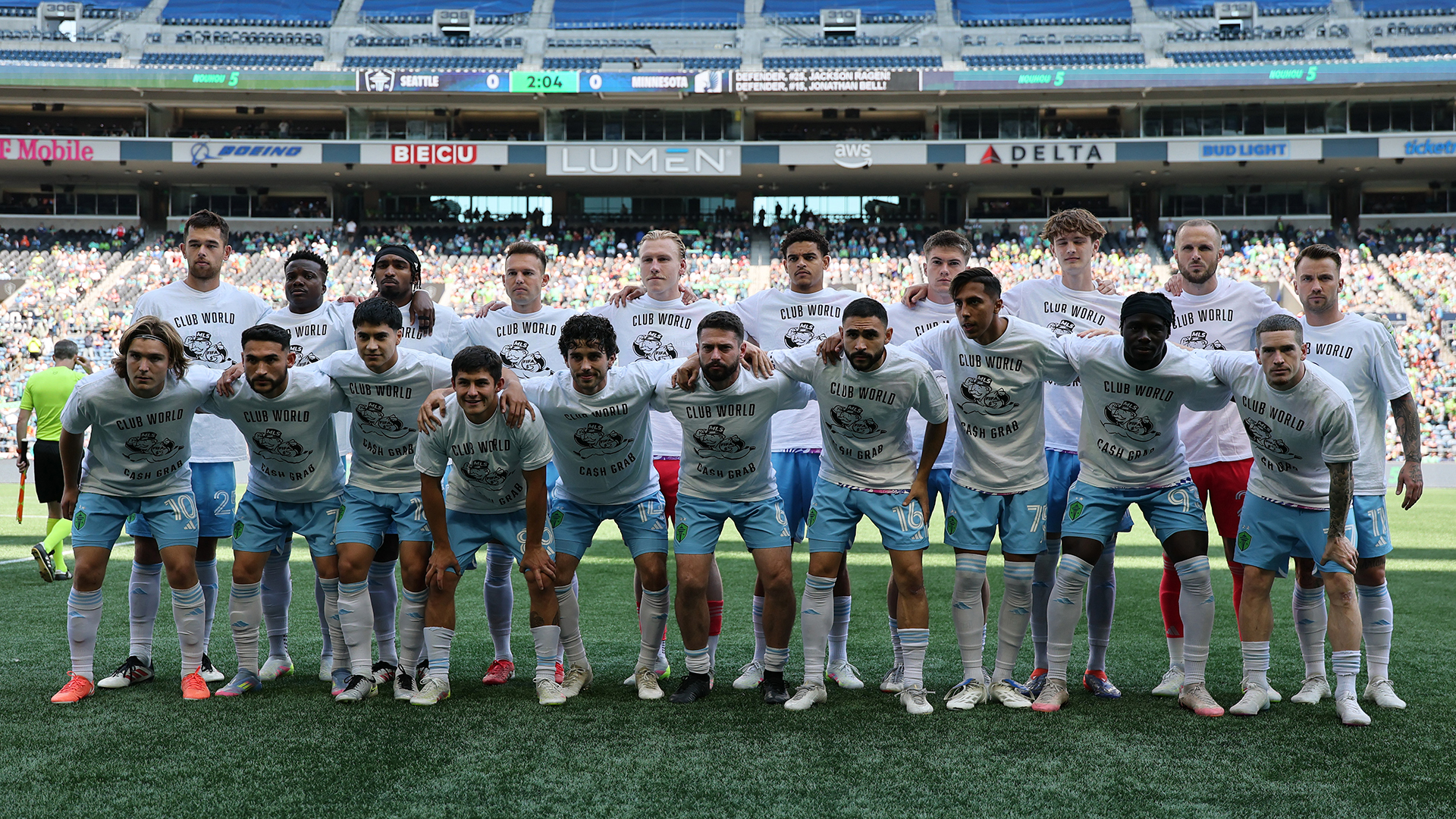 Players of Seattle Sounders pose for a team photograph before the MLS match against Minnesota United on June 01, 2025 in Seattle, Washington.