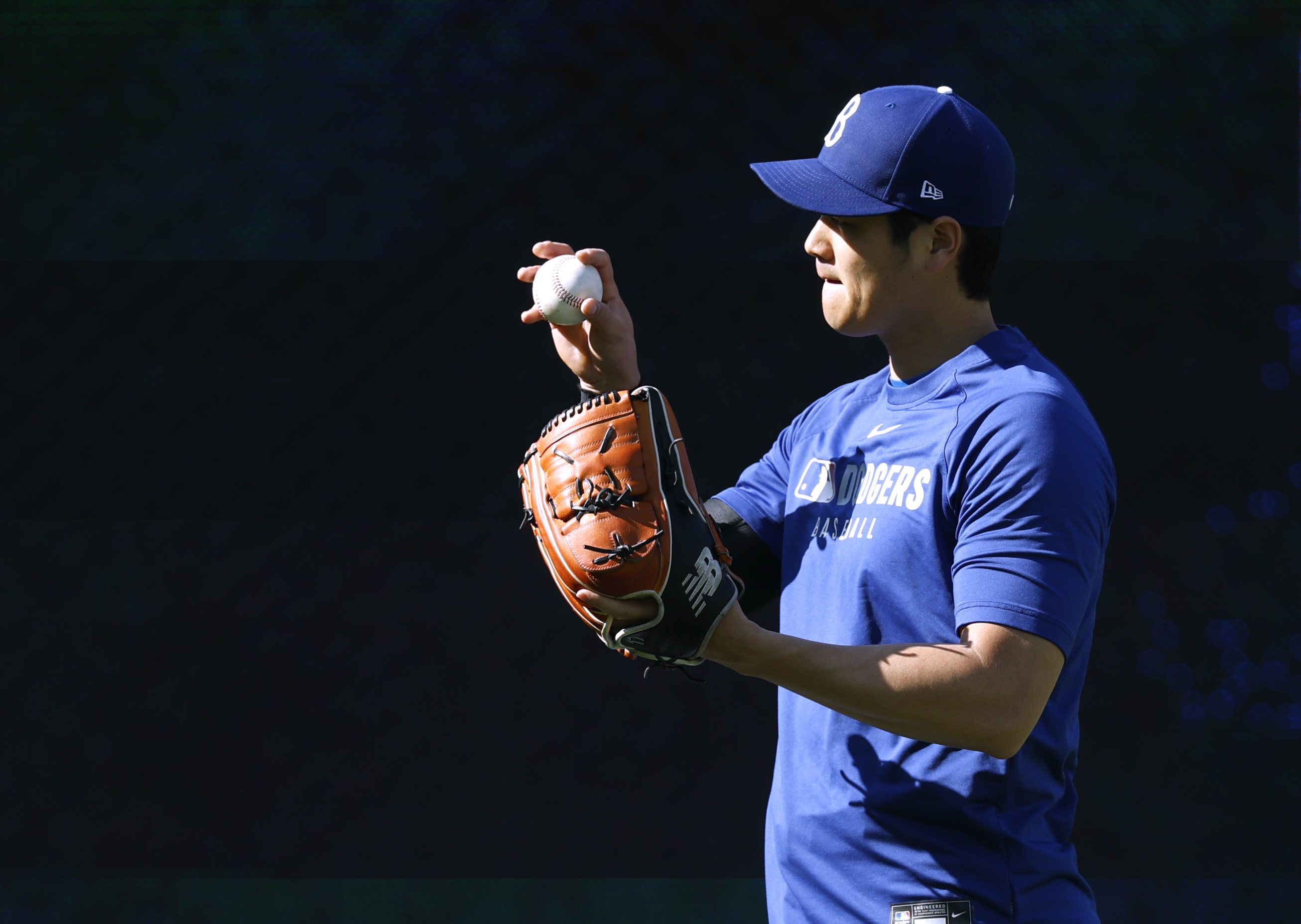 Shohei Ohtani #17 of the Los Angeles Dodgers on the field before the game