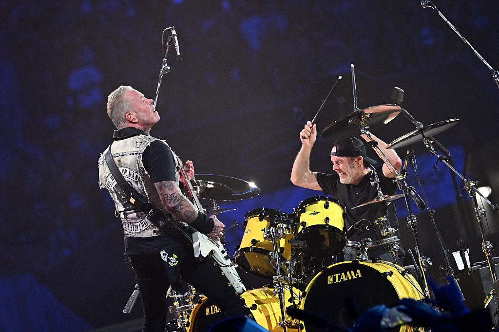 James Hetfield and Lars Ulrich of Metallica perform during the M72 World Tour at Mercedes-Benz Stadium on June 03, 2025 in Atlanta, Georgia.