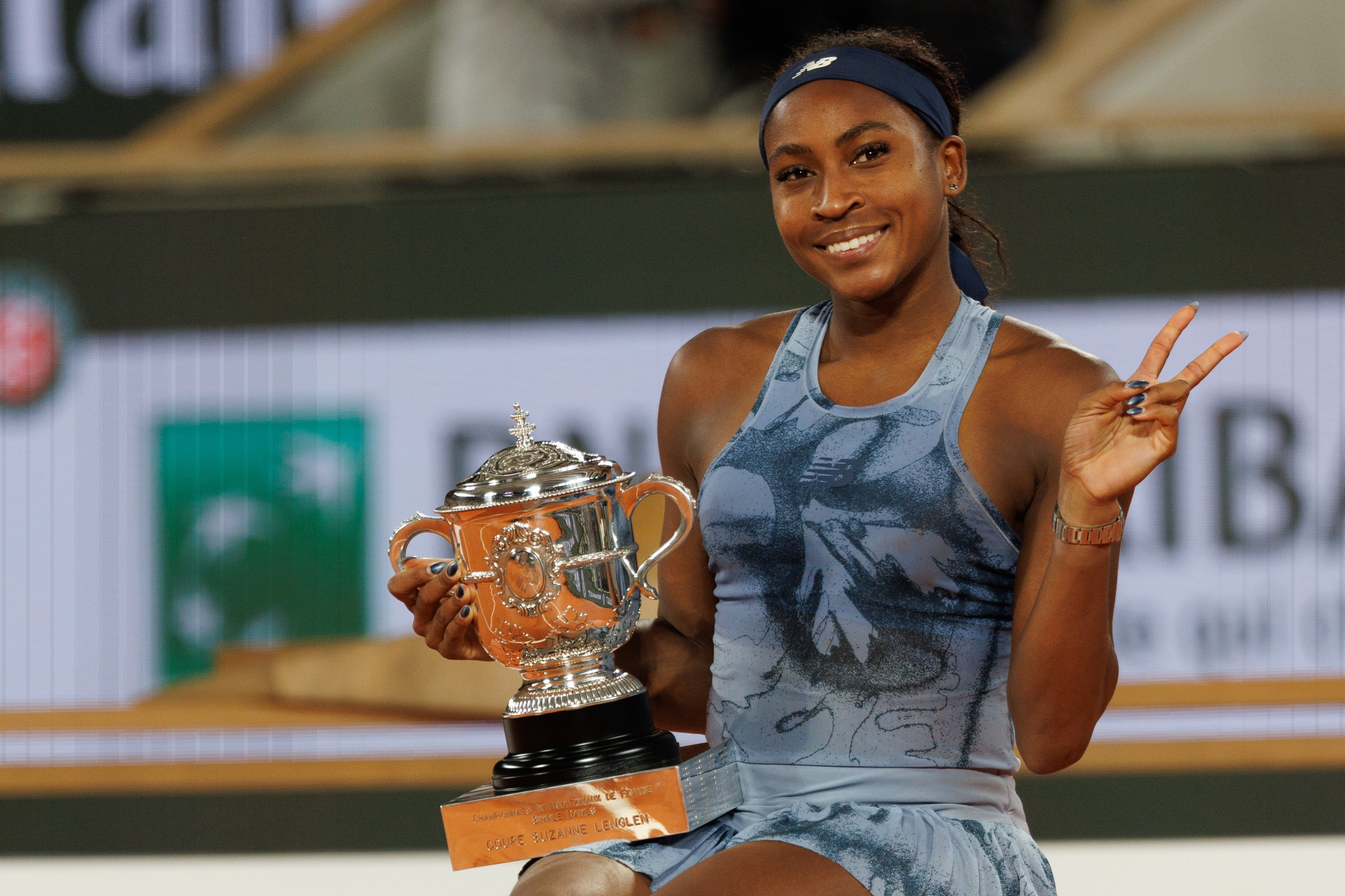 Paris, France - June 7: Coco Gauff of United States with the Coupe Suzanne Lenglen trophy after her victory over Aryna Sabalenka in the Women's Singles Final match on Day Fourteen of the 2025 French Open at Roland Garros on June 07, 2025 in Paris, France. (Photo by Tnani Badreddine/DeFodi Images/DeFodi via Getty Images)