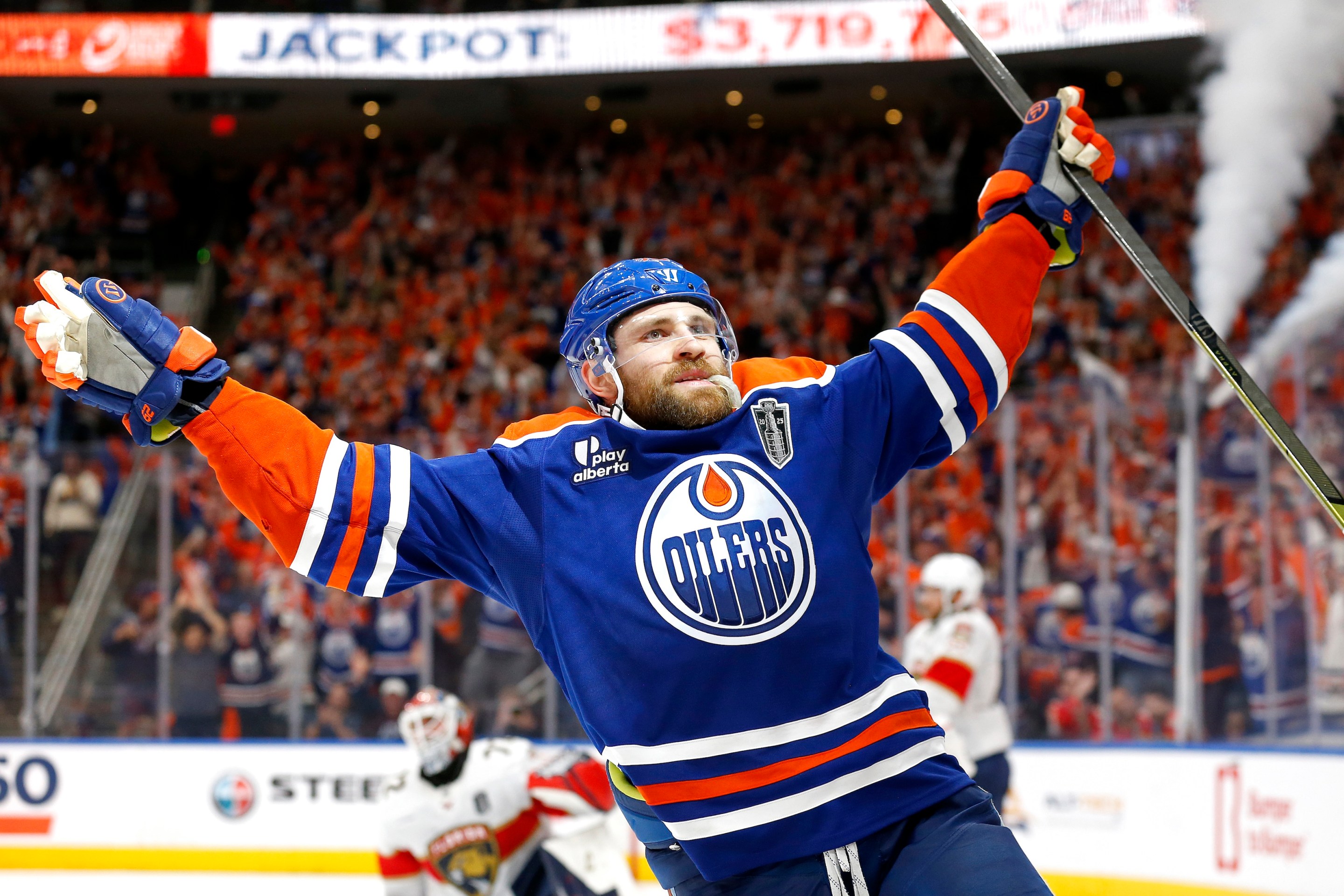 EDMONTON, CANADA - JUNE 04: Leon Draisaitl #29 of the Edmonton Oilers celebrates after scoring the game-winning goal to beat the Florida Panthers 4-3 during overtime in Game One of the 2025 Stanley Cup Final at Rogers Place on June 04, 2025 in Edmonton, Alberta, Canada. (Photo by Codie McLachlan/Getty Images)