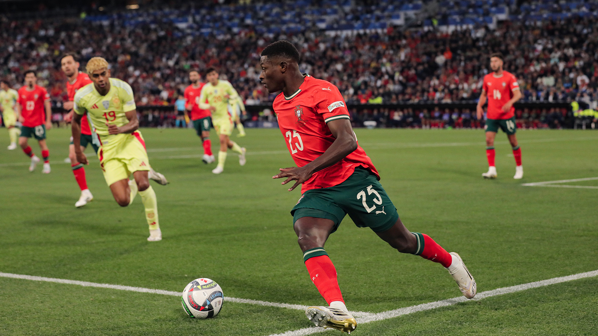Nuno Mendes of Portugal runs to the ball during the UEFA Nations League 2025 final match between Portugal and Spain at Munich Football Arena on June 08, 2025 in Munich, Germany.