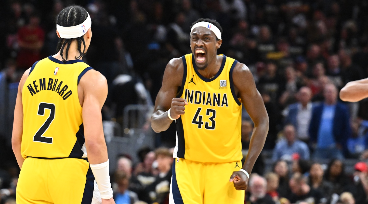 CLEVELAND, OHIO - MAY 13: Andrew Nembhard #2 celebrates with Pascal Siakam #43 of the Indiana Pacers during the fourth quarter of game five of the Eastern Conference Semifinals against the Cleveland Cavaliers at Rocket Arena on May 13, 2025 in Cleveland, Ohio. The Pacers defeated the Pacers 114-105. NOTE TO USER: User expressly acknowledges and agrees that, by downloading and or using this photograph, User is consenting to the terms and conditions of the Getty Images License Agreement. (Photo by Jason Miller/Getty Images)