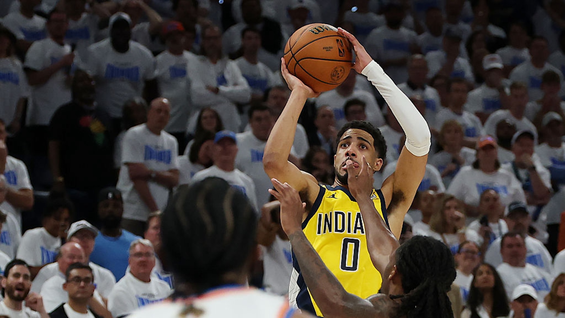 Tyrese Haliburton #0 of the Indiana Pacers scores a basket with .3 seconds remaining during the fourth quarter against the Oklahoma City Thunder in Game One of the 2025 NBA Finals at Paycom Center on June 05, 2025 in Oklahoma City, Oklahoma. NOTE TO USER: User expressly acknowledges and agrees that, by downloading and or using this photograph, User is consenting to the terms and conditions of the Getty Images License Agreement.