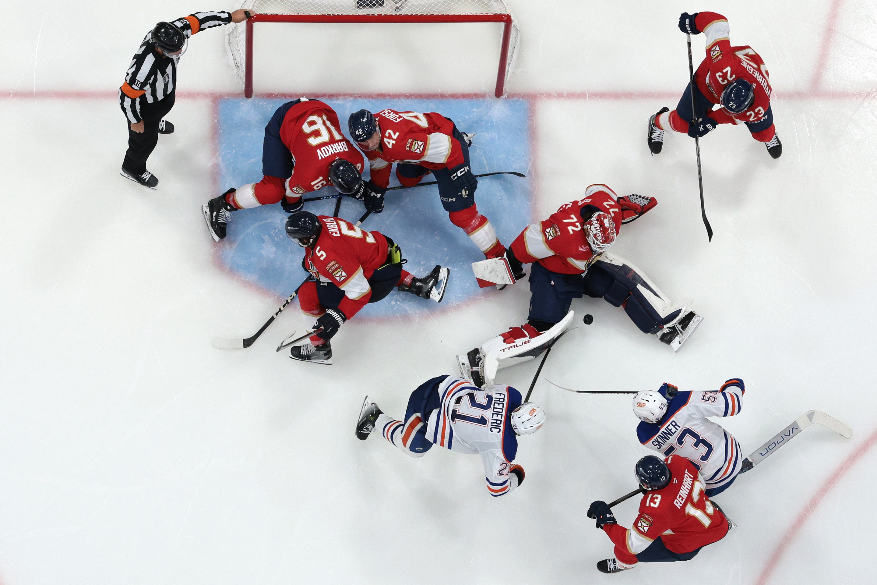 SUNRISE, FLORIDA - JUNE 12: Sergei Bobrovsky #72 of the Florida Panthers makes a save against the Edmonton Oilers during overtime in Game Four of the 2025 Stanley Cup Final at Amerant Bank Arena on June 12, 2025 in Sunrise, Florida. (Photo by Steph Chambers/Getty Images)