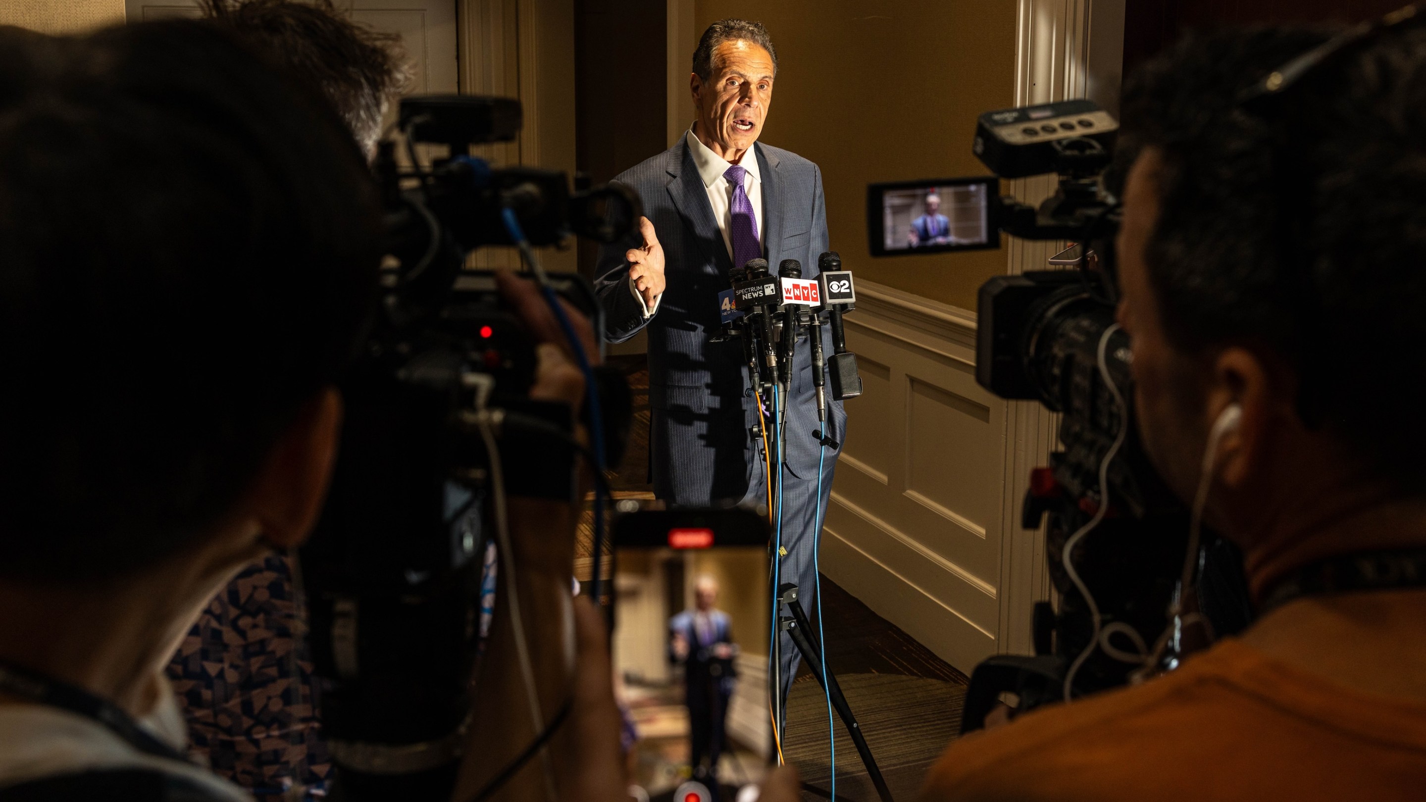 Former New York Governor Andrew Cuomo addresses the media following a speech at an event for the International Brotherhood of Electrical Workers on June 22, 2025 in New York City.
