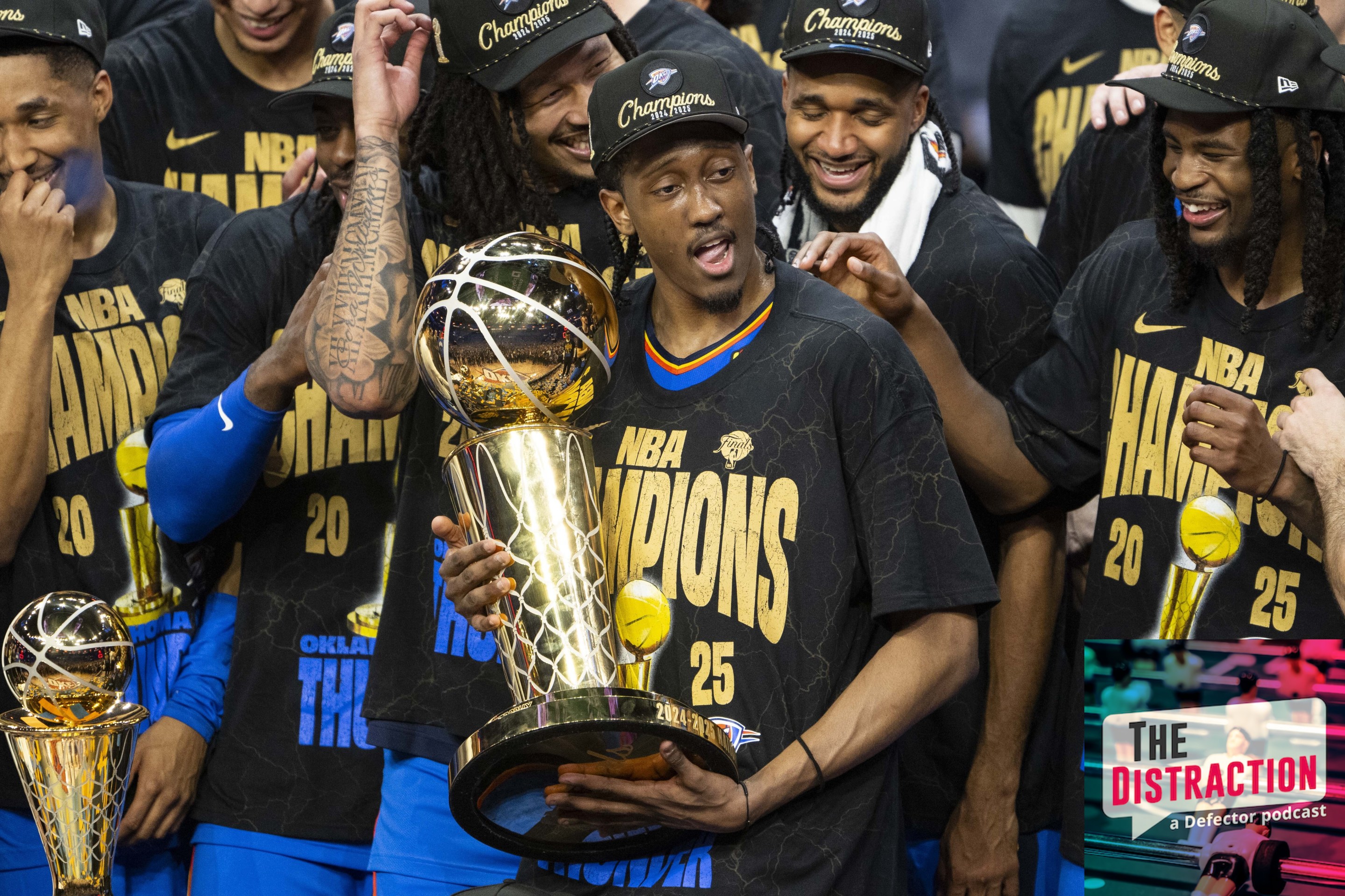 Oklahoma City Thunder players celebrate with the Larry O'Brien trophy after winning Game Seven of the 2025 NBA Finals against the Indiana Pacers at Paycom Center on June 22, 2025.