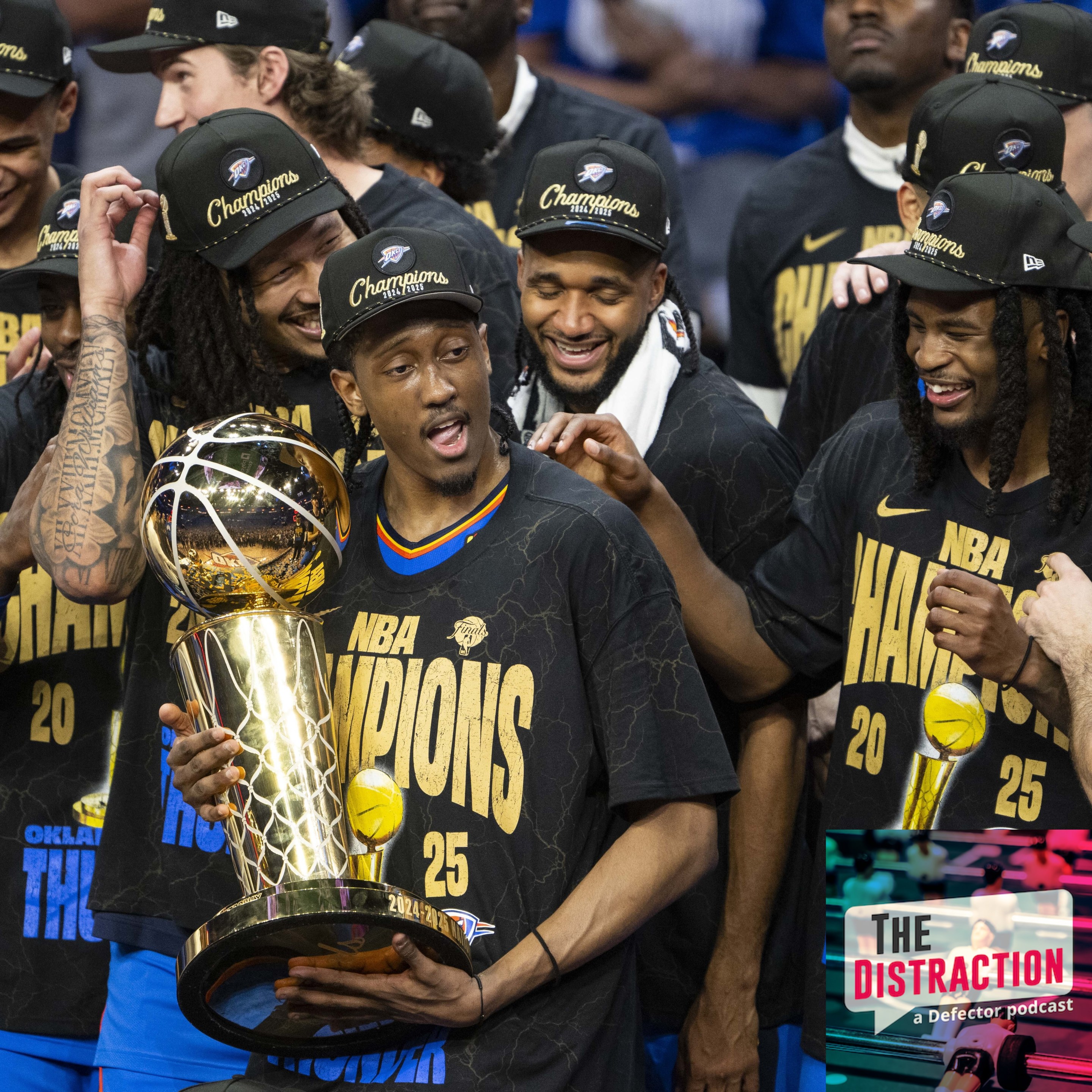 Oklahoma City Thunder players celebrate with the Larry O'Brien trophy after winning Game Seven of the 2025 NBA Finals against the Indiana Pacers at Paycom Center on June 22, 2025.