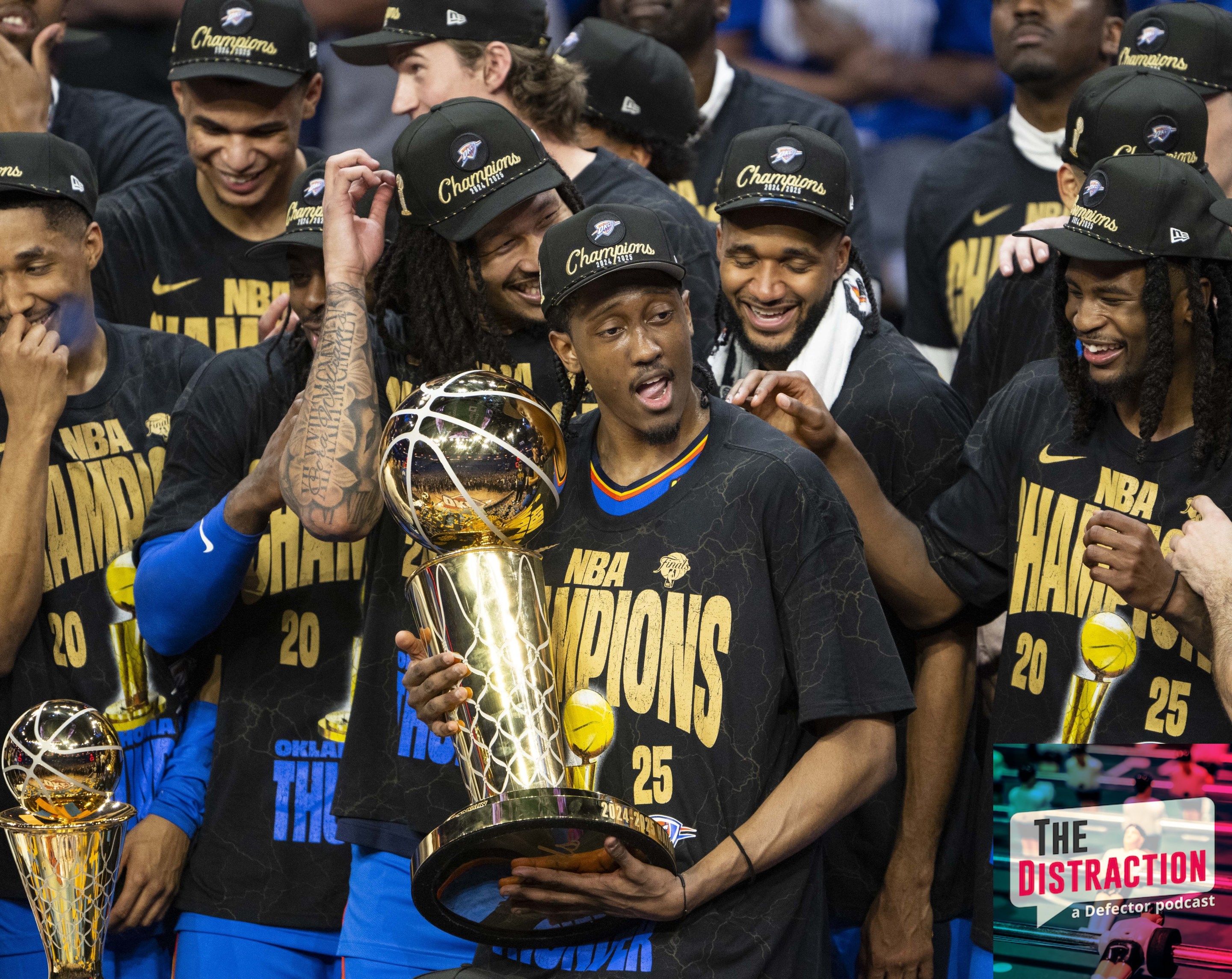 Oklahoma City Thunder players celebrate with the Larry O'Brien trophy after winning Game Seven of the 2025 NBA Finals against the Indiana Pacers at Paycom Center on June 22, 2025.