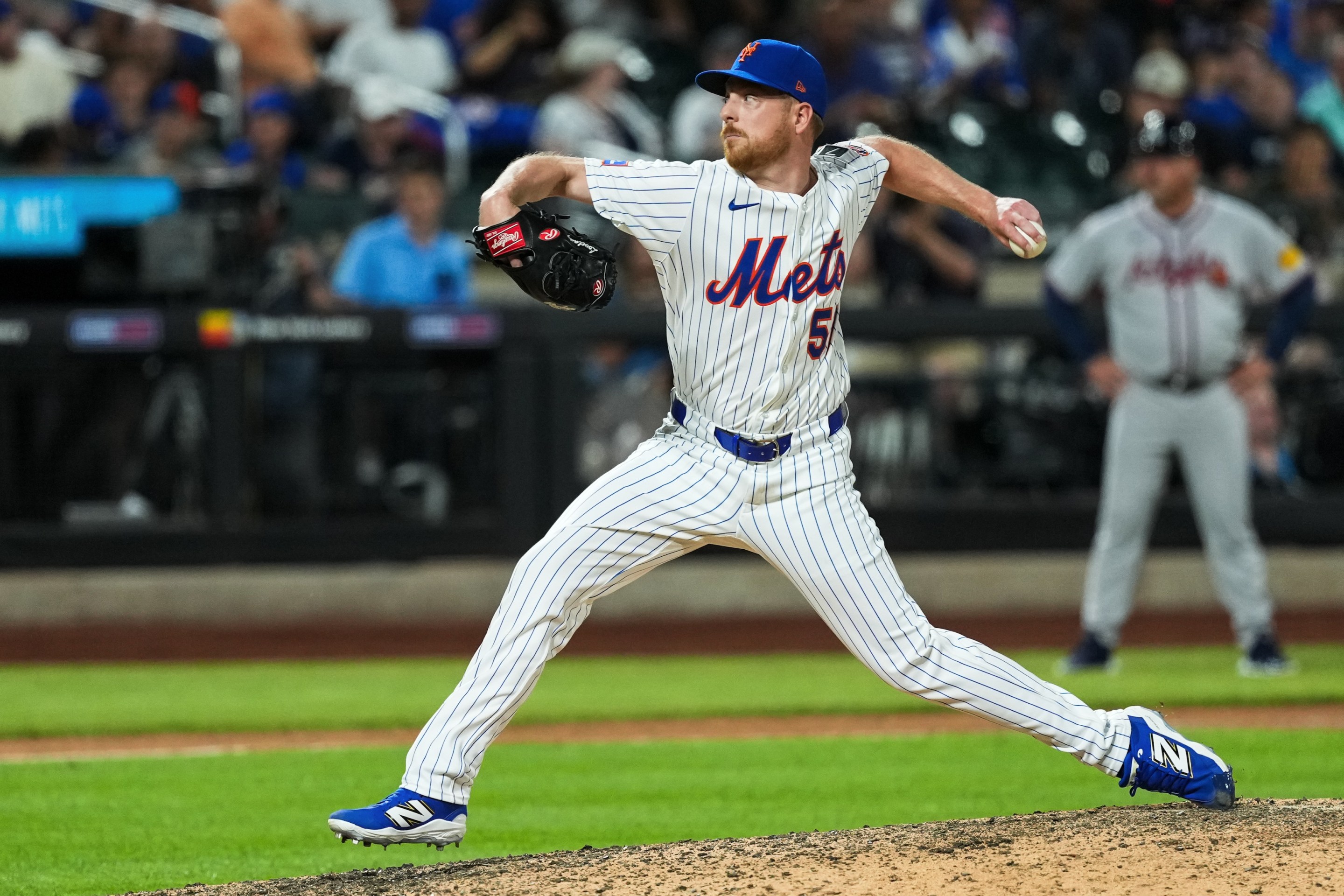 Richard Lovelady #57 of the New York Mets pitches during the game between the Atlanta Braves and the New York Mets at Citi Field on Tuesday