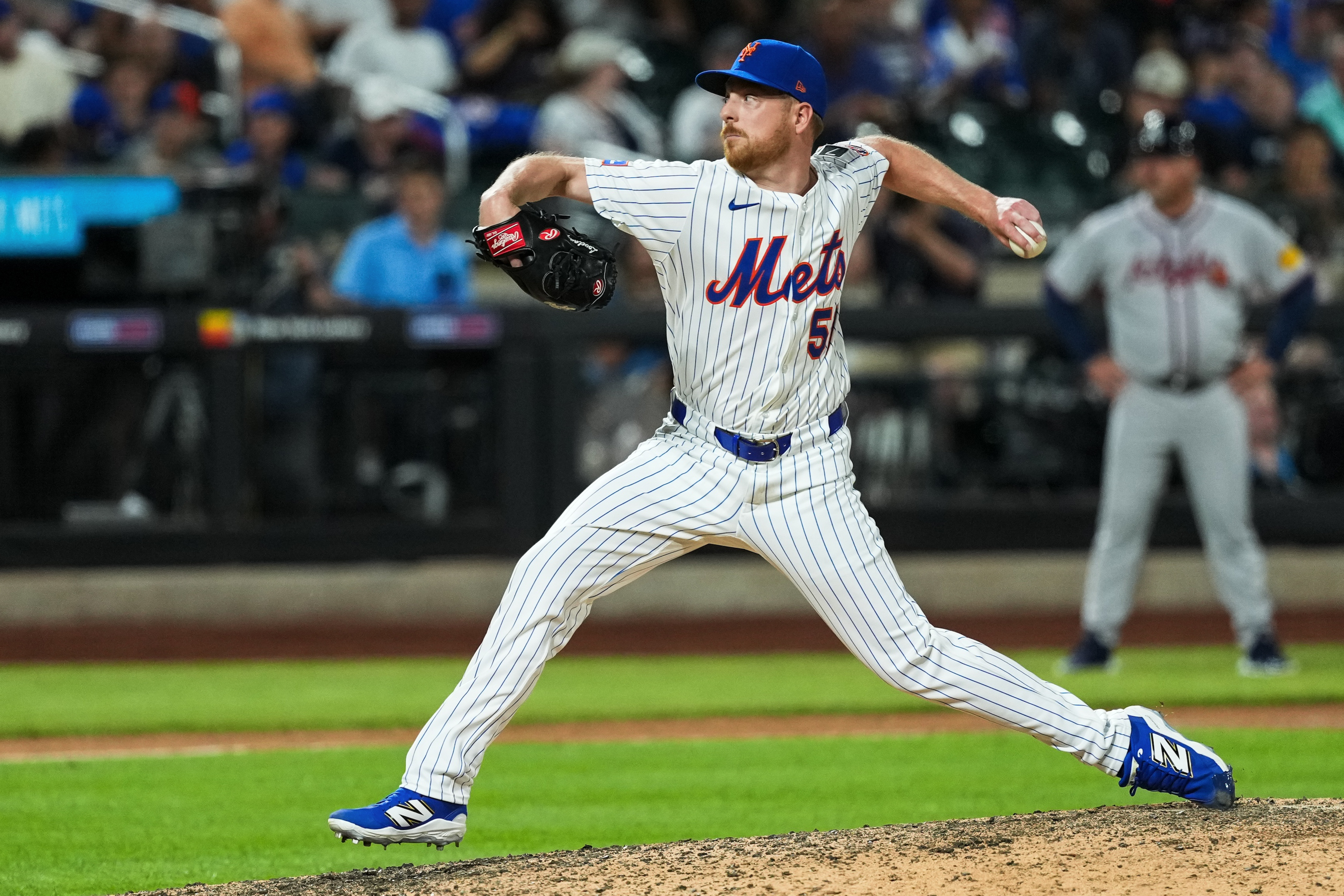 Richard Lovelady #57 of the New York Mets pitches during the game between the Atlanta Braves and the New York Mets at Citi Field on Tuesday