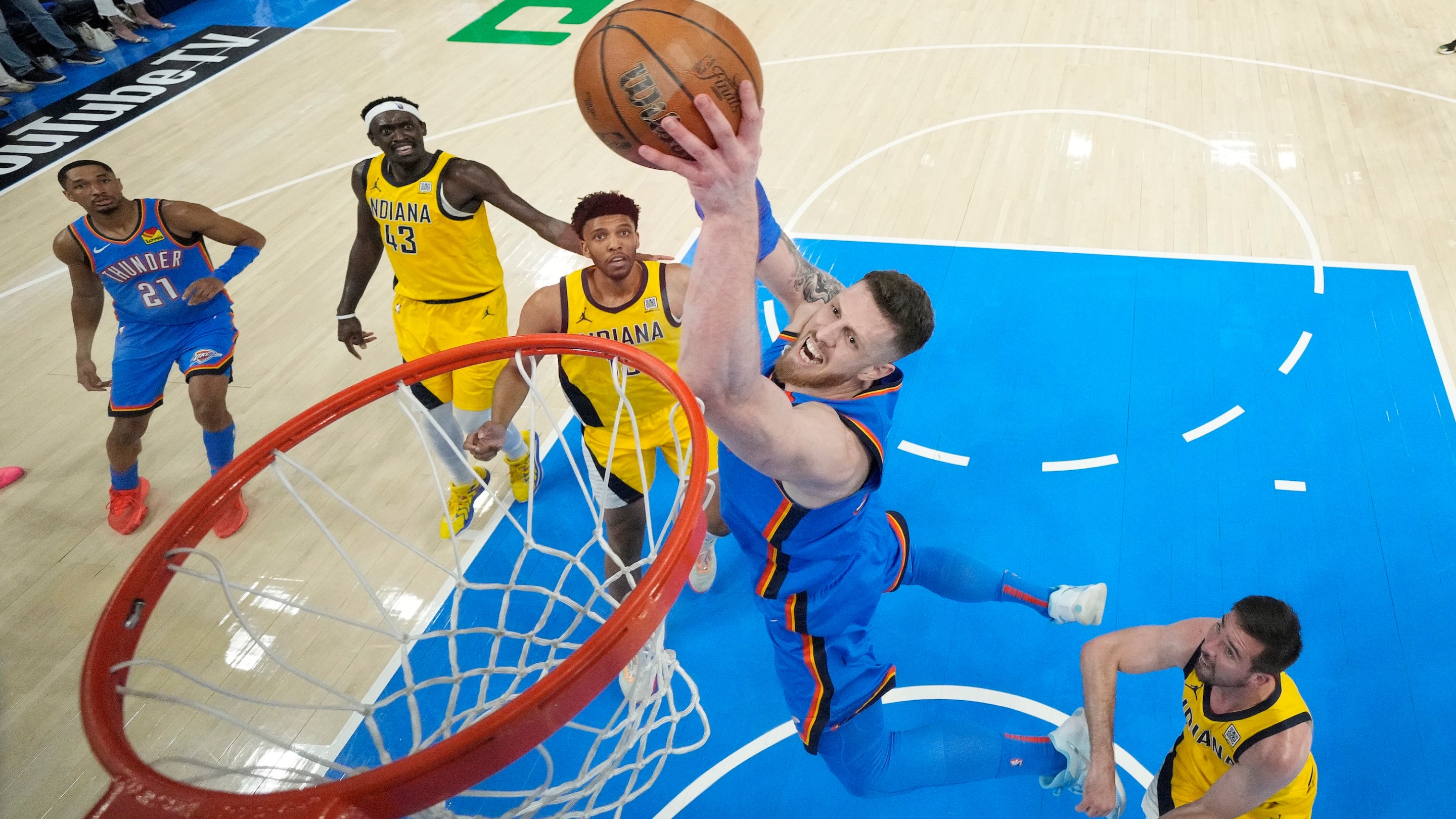 Jun 22, 2025; Oklahoma City, Oklahoma, USA; Oklahoma City Thunder center Isaiah Hartenstein (55) drives to the basket against the Indiana Pacers during the first half of game seven of the 2025 NBA Finals at Paycom Center. Mandatory Credit: Kyle Terada-Imagn Images