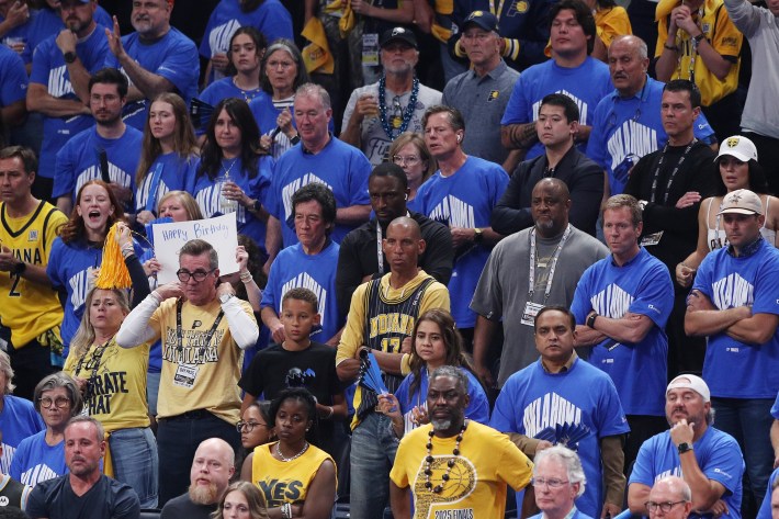 Reggie Miller looks stunned in the crowd.