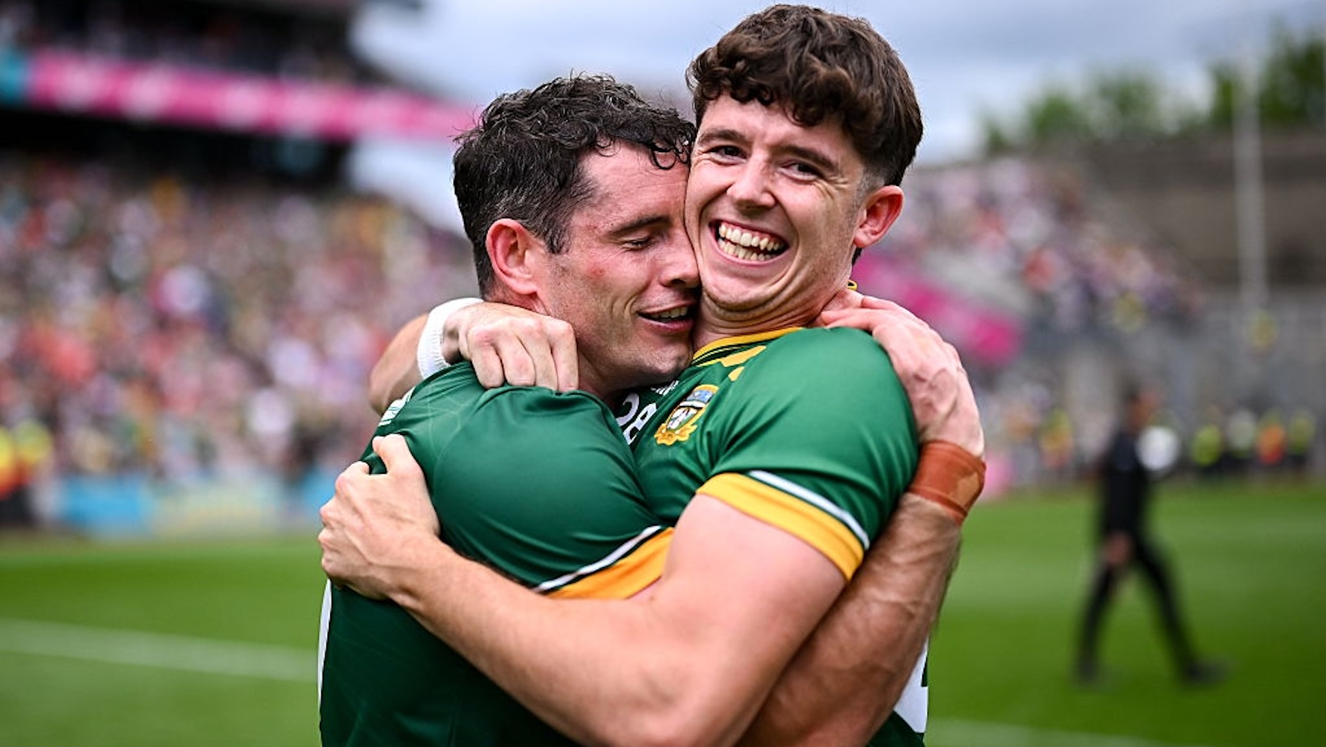 Meath players Seán Coffey, left, and Keith Curtis celebrate after the GAA Football All-Ireland Senior Championship quarter-final match between Meath and Galway at Croke Park in Dublin.