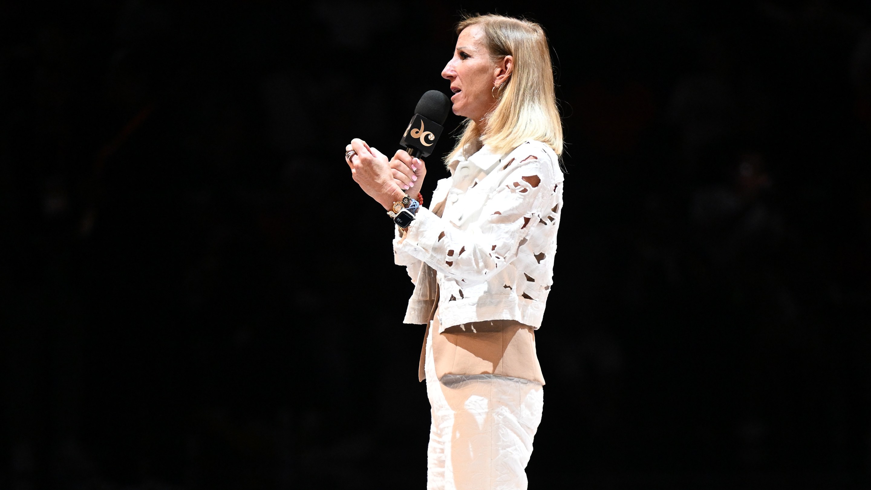 WNBA Commissioner Cathy Engelbert talks to the crowd before the game between the Washington Mystics and the Minnesota Lynx at Carefirst Arena on June 24, 2025 in Washington, DC.