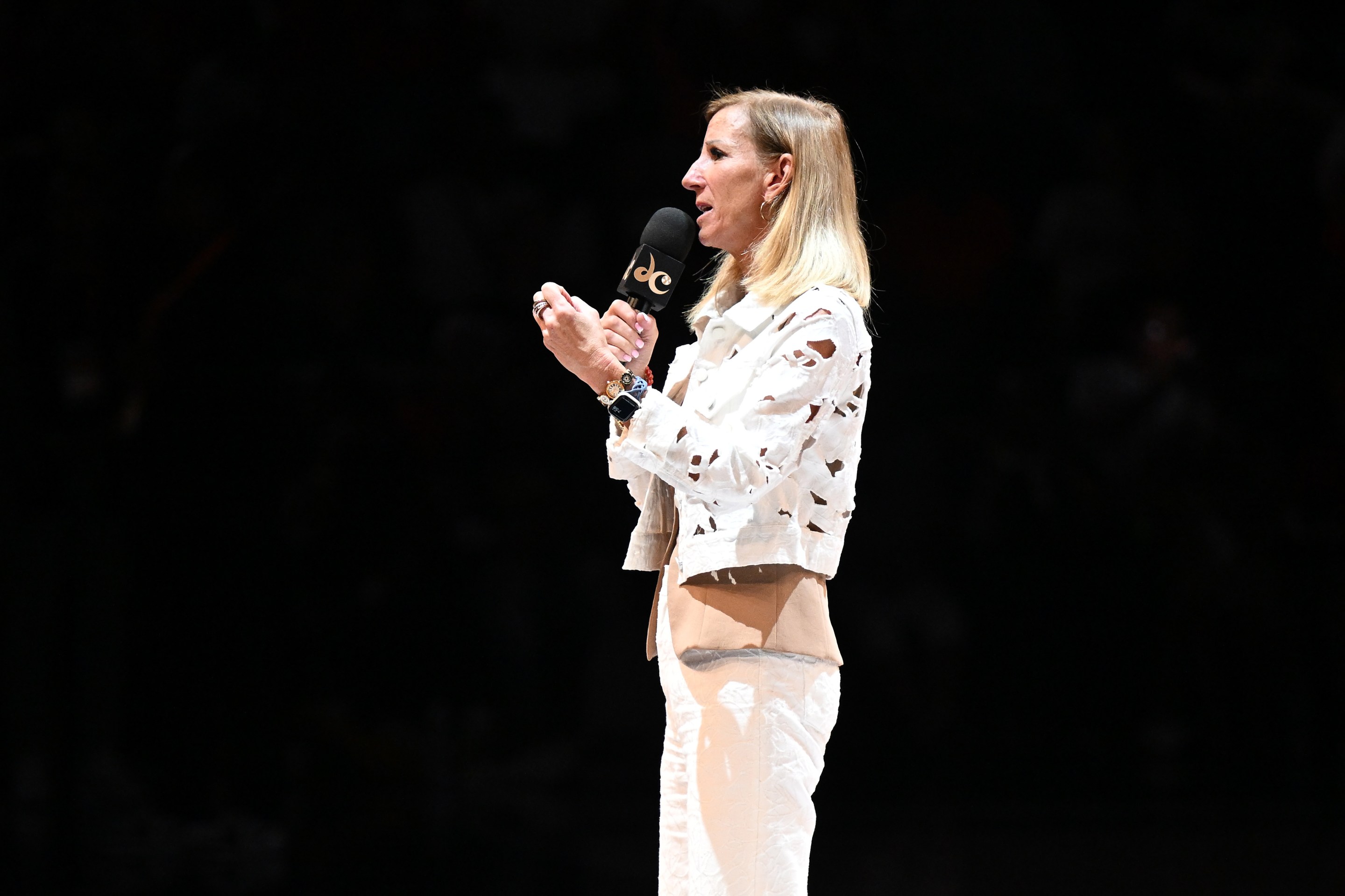 WNBA Commissioner Cathy Engelbert talks to the crowd before the game between the Washington Mystics and the Minnesota Lynx at Carefirst Arena on June 24, 2025 in Washington, DC.