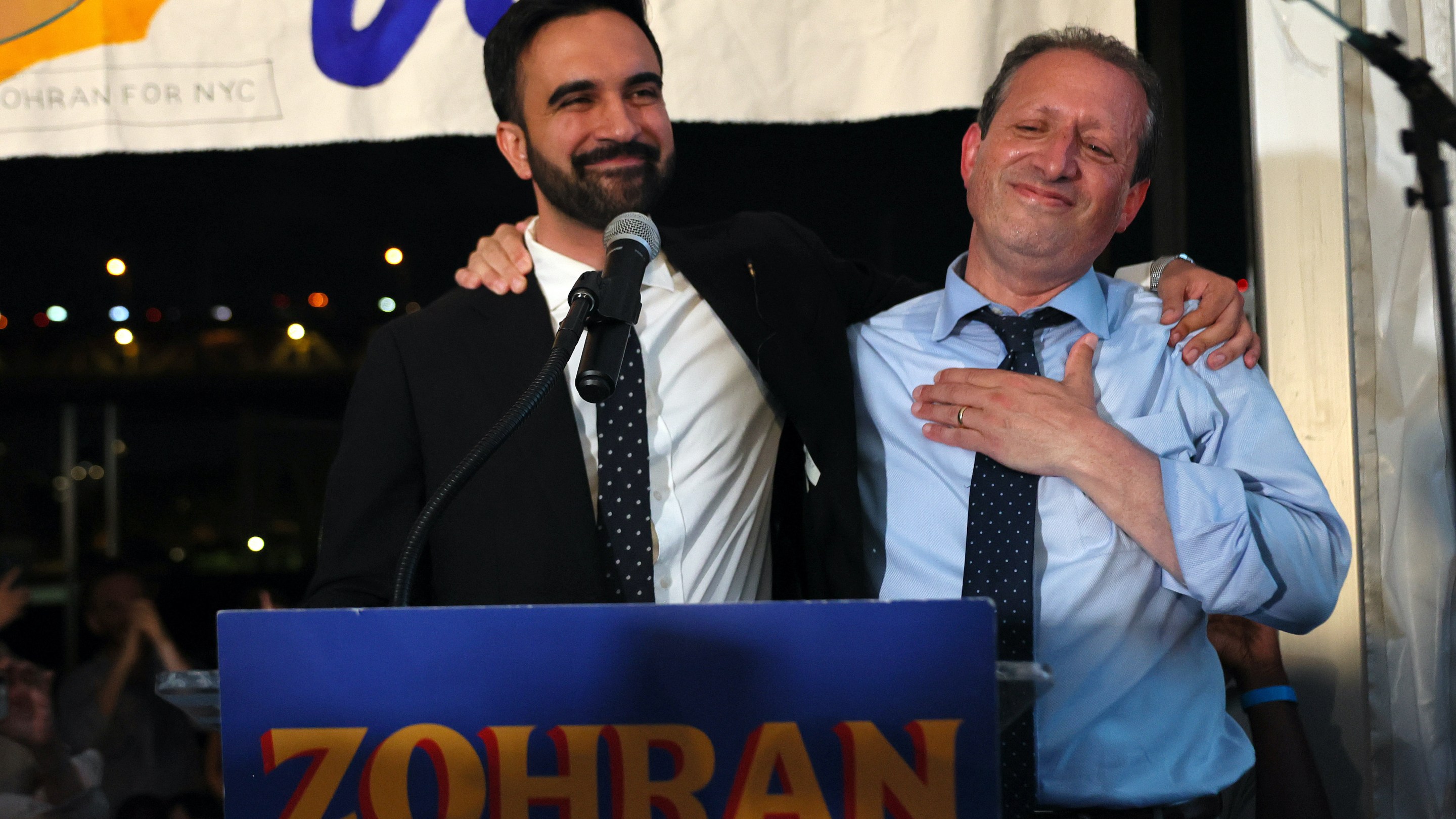 New York mayoral candidate, State Rep. Zohran Mamdani (D-NY) (L) is joined by fellow mayoral candidate Brad Lander during an election night gathering