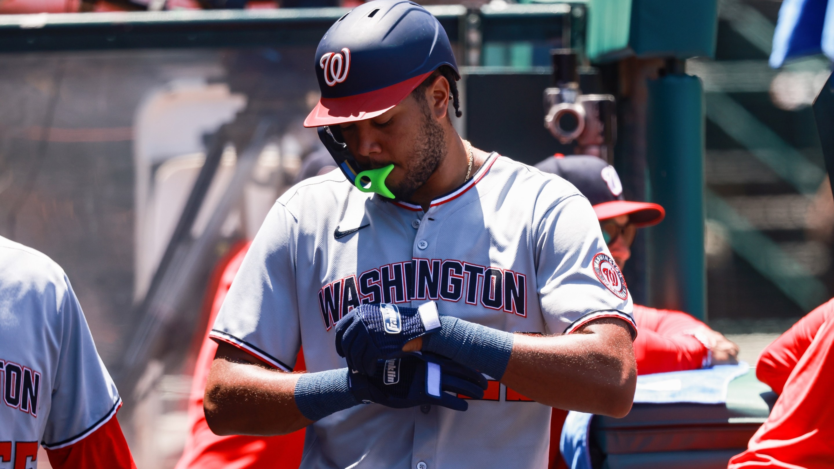 ANAHEIM, CA - JUNE 29: James Wood #29 of the Washington Nationals prepares to bat during the game between the Washington Nationals and the Los Angeles Angels at Angel Stadium of Anaheim on Sunday, June 29, 2025 in Anaheim, California. (Photo by Nicole Vasquez/MLB Photos via Getty Images)