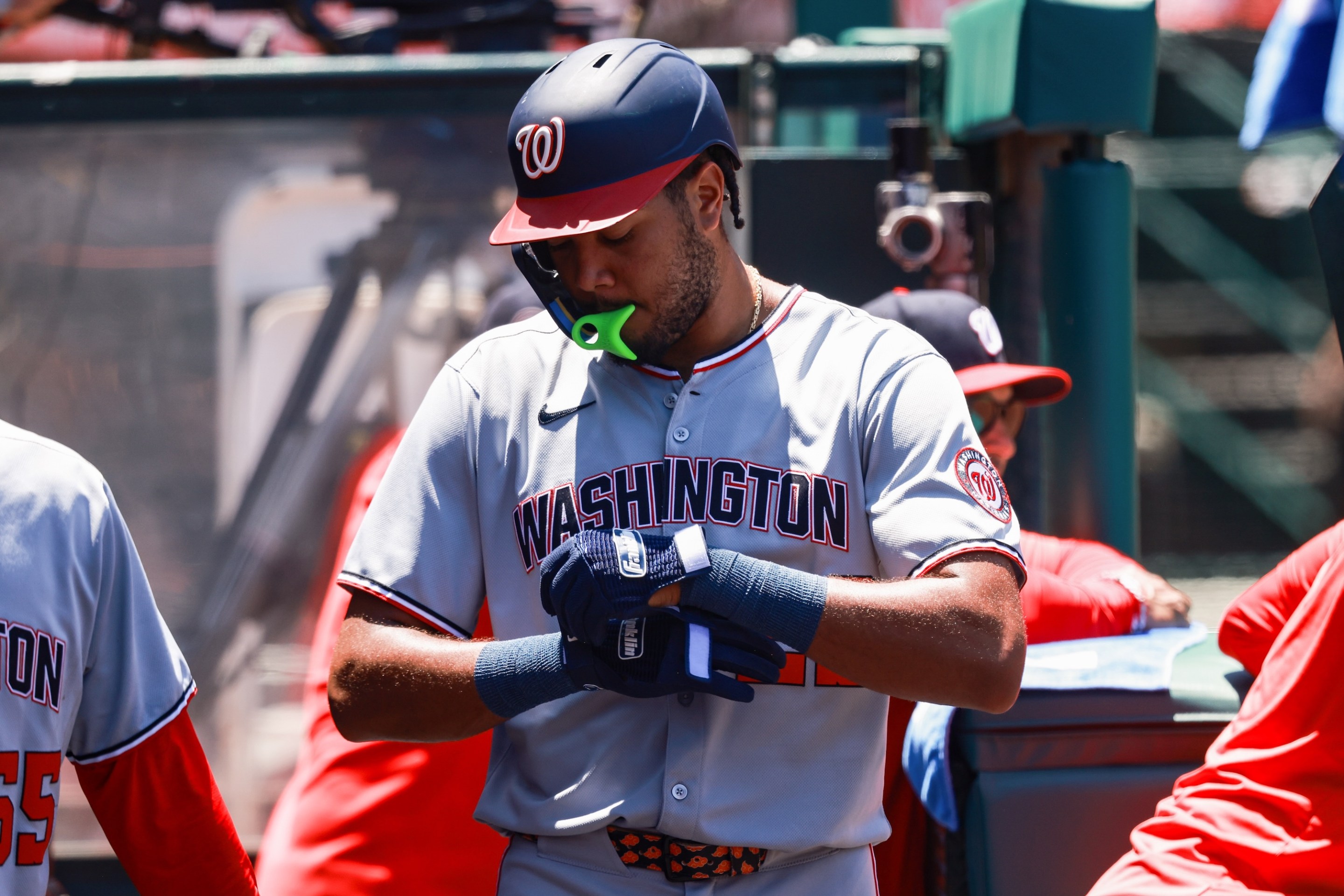 ANAHEIM, CA - JUNE 29: James Wood #29 of the Washington Nationals prepares to bat during the game between the Washington Nationals and the Los Angeles Angels at Angel Stadium of Anaheim on Sunday, June 29, 2025 in Anaheim, California. (Photo by Nicole Vasquez/MLB Photos via Getty Images)