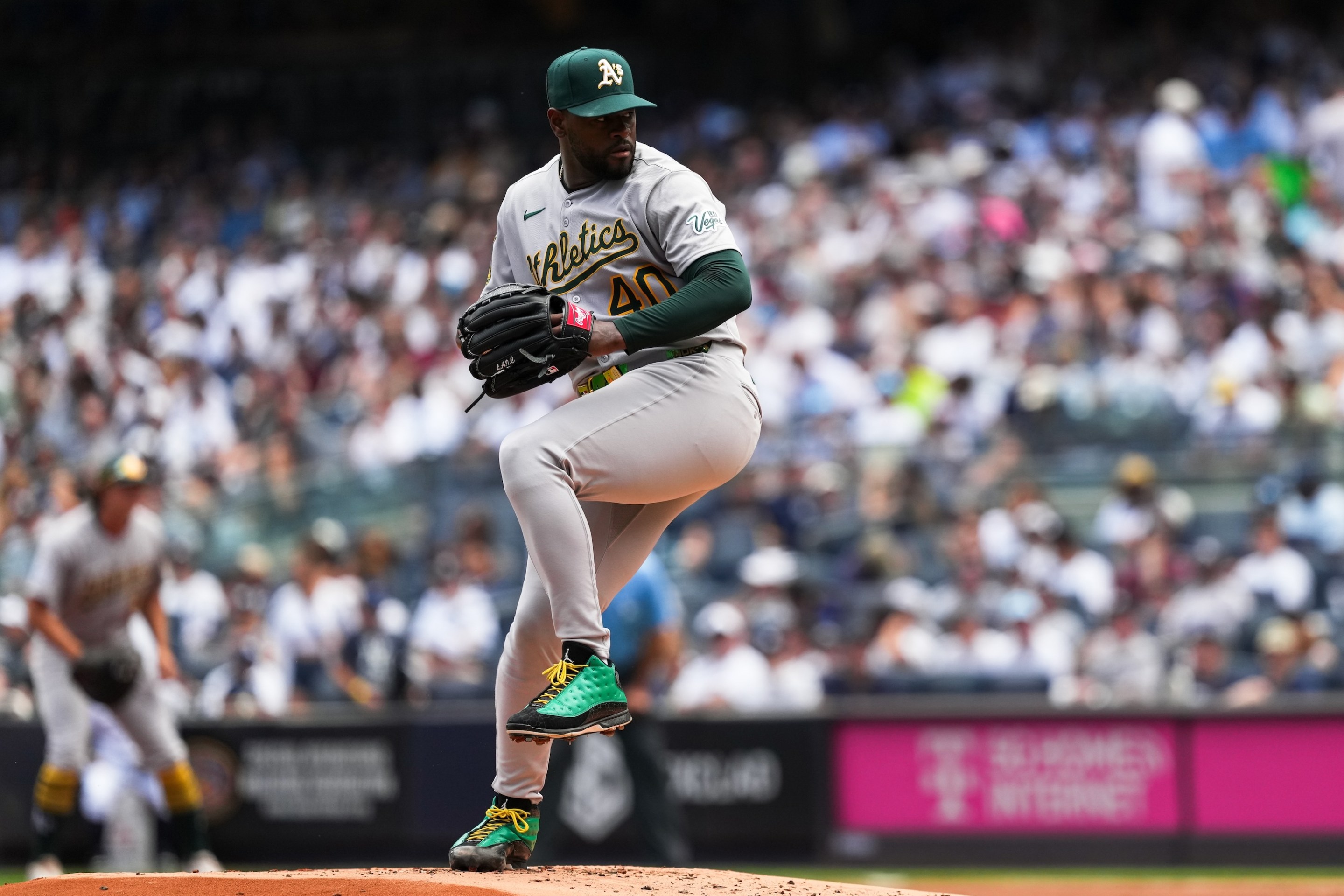 NEW YORK, NY - JUNE 29: Luis Severino #40 of the Athletics pitches during the game between the Athletics and the New York Yankees at Yankee Stadium on Sunday, June 29, 2025 in New York, New York. (Photo by Evan Yu/MLB Photos via Getty Images)