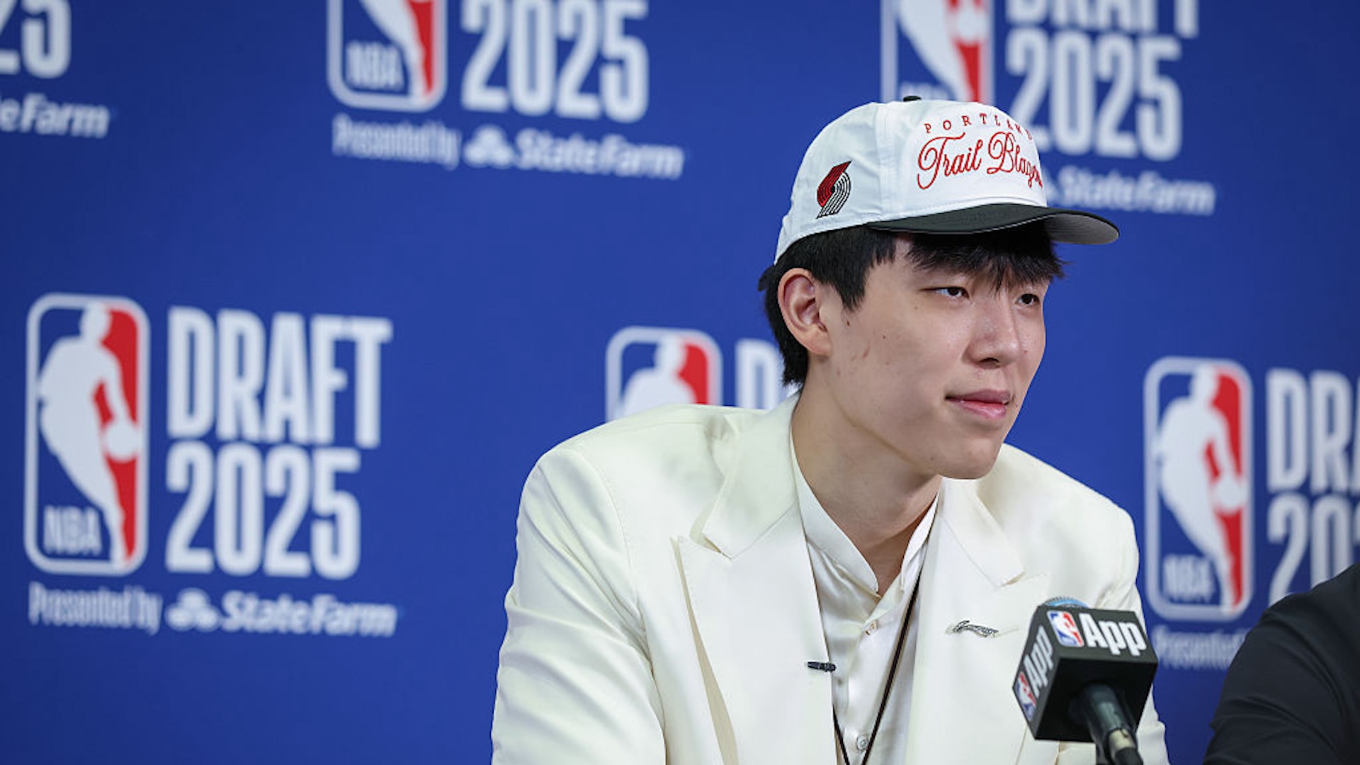 Yang Hansen speaks to the media after being drafted 16th oveall by the Memphis Grizzlies then traded to the Portland Trail Blazers during the 2025 NBA Draft at Barclays Center on June 25, 2025 in the Brooklyn borough of New York City. NOTE TO USER: User expressly acknowledges and agrees that, by downloading and or using this photograph, User is consenting to the terms and conditions of the Getty Images License Agreement.