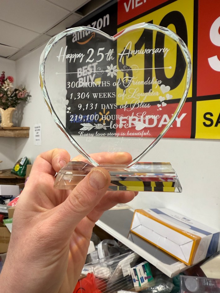 crystal heart paperweight engraved with a 25th wedding anniversary message
