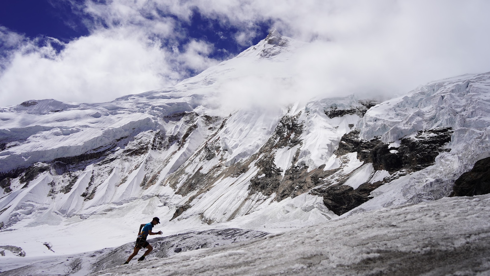 Tyler Andrews runs up the Lhotse south face