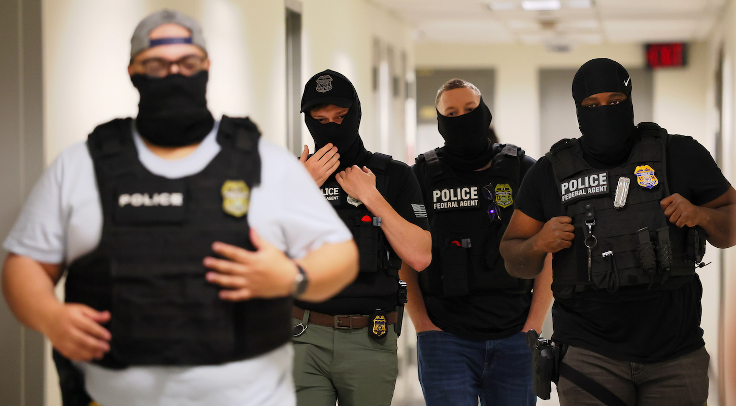 Masked federal agents patrol the halls of immigration court at the Jacob K. Javitz Federal Building on June 18, 2025 in New York City. Rep. Jerrold Nadler (D-NY), Rep. Dan Goldman (D-NY), NYC Comptroller and Mayoral Candidate Brad Lander and Council Member Alexa Avilés visited immigration courts to watch proceedings a day after NYC Comptroller and Mayoral Candidate Brad Lander was arrested by federal agents while accompanying a person out of a courtroom as people continue to be detained following immigration court hearings.