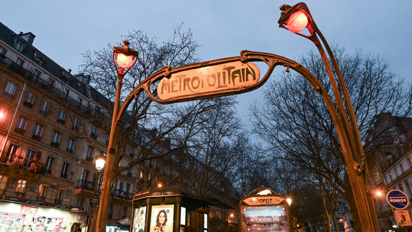 An entrance to Pigalle metro station, on December 25, 2024, in Paris, France.