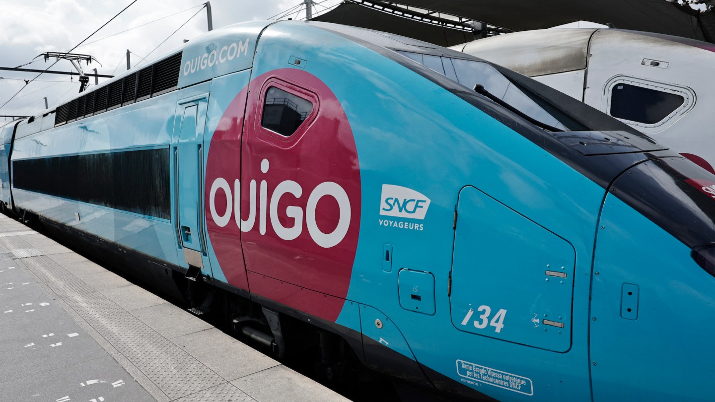 This photograph shows the locomotive, with the logo OUIGO, the low-cost service range of the SNCF (National Company of the French Railway), of the first new generation OUIGO train during a presentation in Gare de Lyon, in Paris on April 24, 2025.