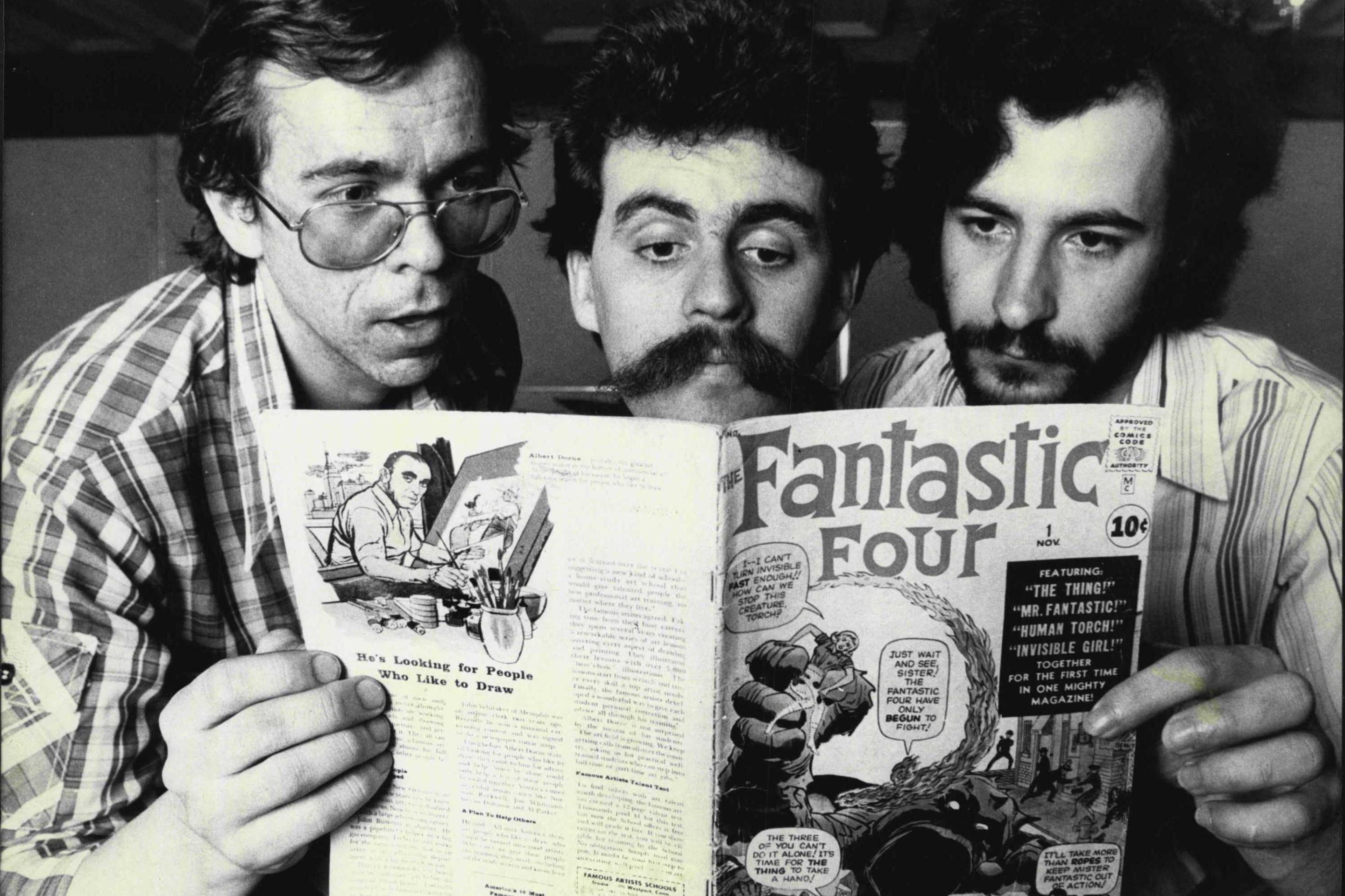 L t r Greg Gates, Melb. Glenn Ford, Willoughby, Syd. and Joe Italiano, of Mitchum Vic, study Copy of Fantastic Four