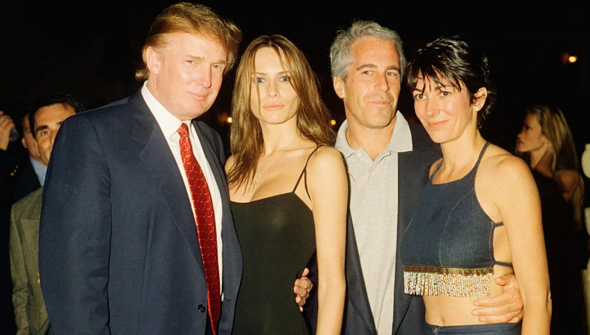 From left, American real estate developer Donald Trump and his girlfriend (and future wife), former model Melania Knauss, financier (and future convicted sex offender) Jeffrey Epstein, and British socialite Ghislaine Maxwell pose together at the Mar-a-Lago club, Palm Beach, Florida, February 12, 2000.