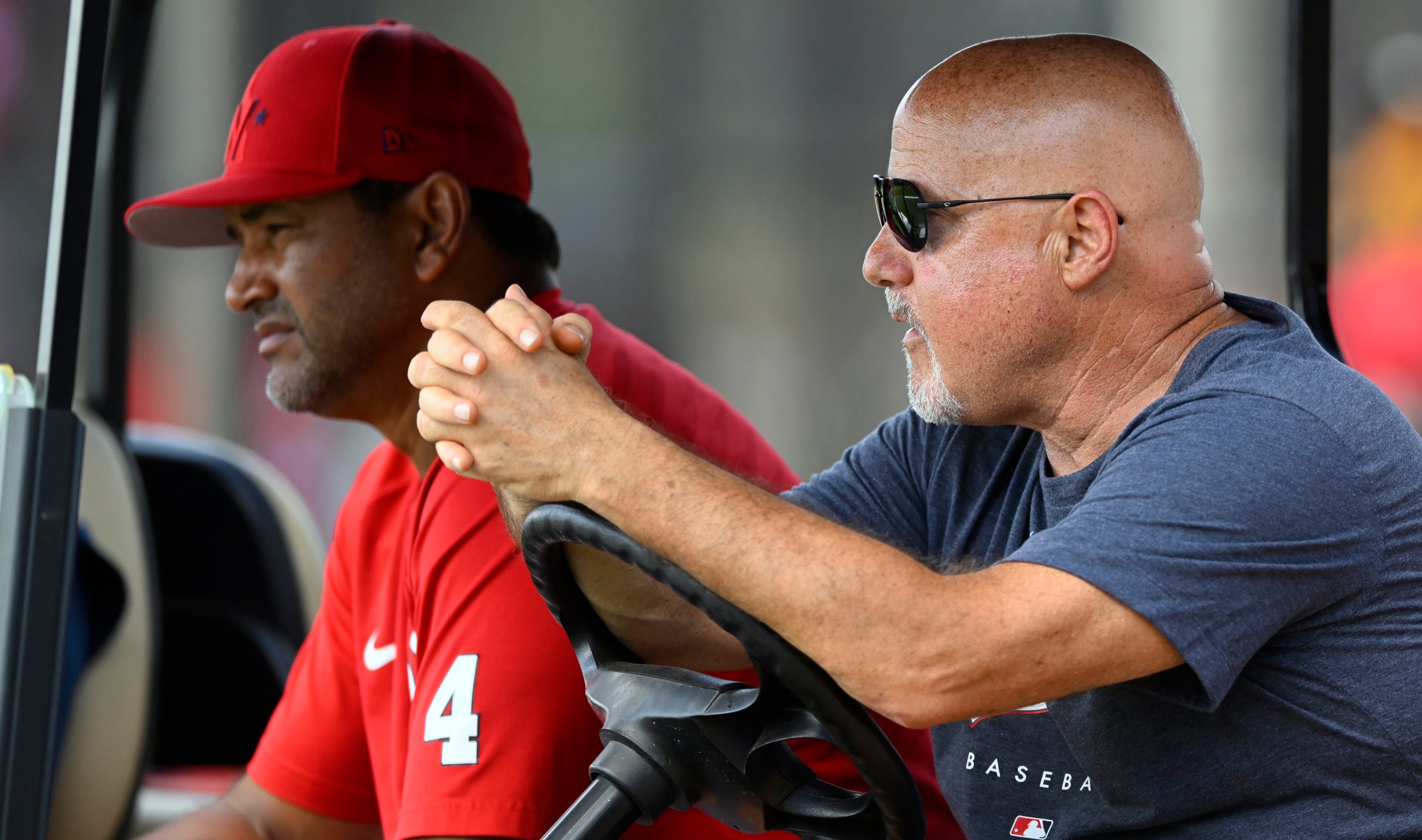 WEST PALM BEACH, FL - FEBRUARY 22: Washington Nationals manager Dave Martinez (4), left, with GM Mike Rizzo during the second day of full squad workouts at the Nationals training facility on February 22, 2023 in West Palm Beach, FL. (Photo by John McDonnell/The Washington Post via Getty Images)