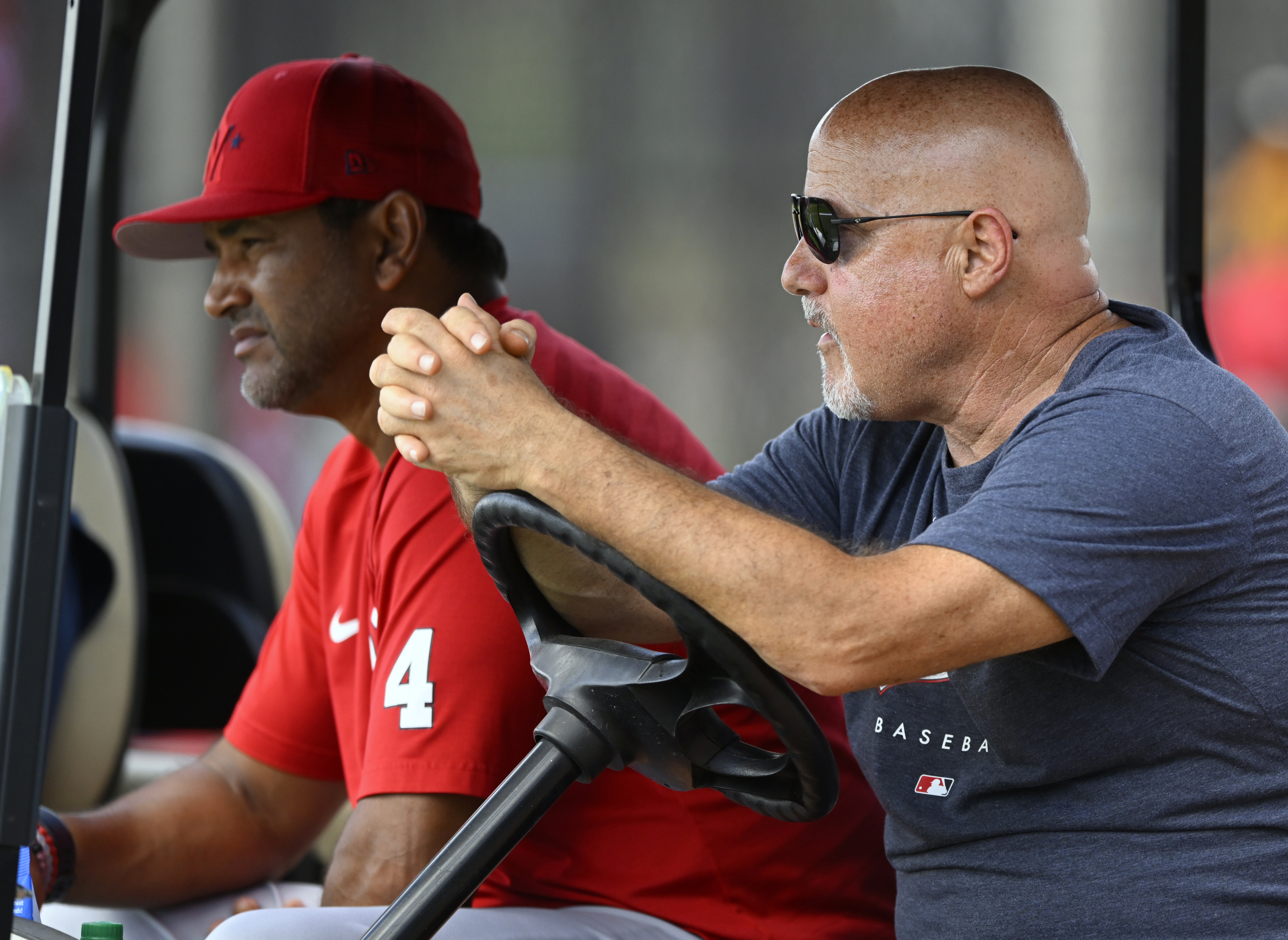 WEST PALM BEACH, FL - FEBRUARY 22: Washington Nationals manager Dave Martinez (4), left, with GM Mike Rizzo during the second day of full squad workouts at the Nationals training facility on February 22, 2023 in West Palm Beach, FL. (Photo by John McDonnell/The Washington Post via Getty Images)