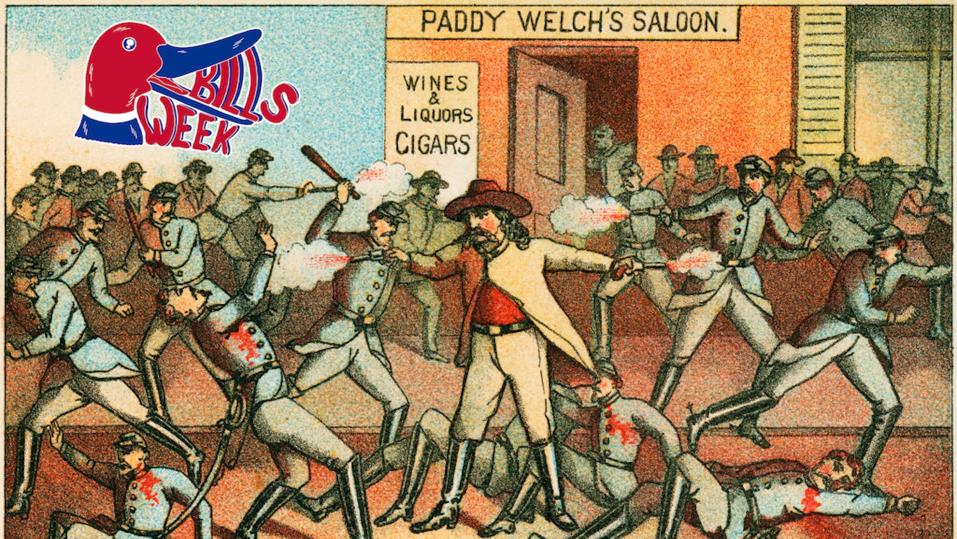 James Butler Hickok, known as Wild Bill Hickok (1837-1876), American frontiersman and U.S marshal, struggles in a fight against fifteen soldiers. The chromolithograph illustration is from a book published circa 1882.