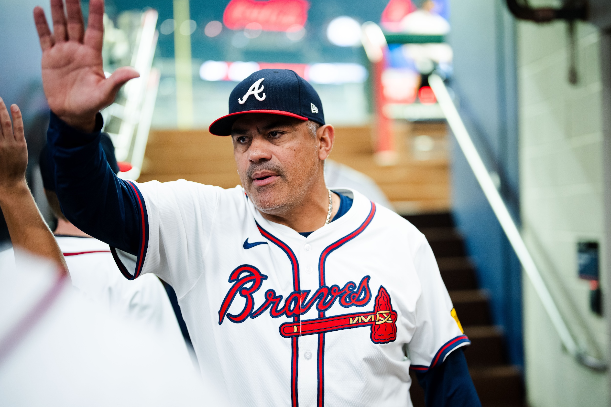 Eddie Perez reaches for a high-five.