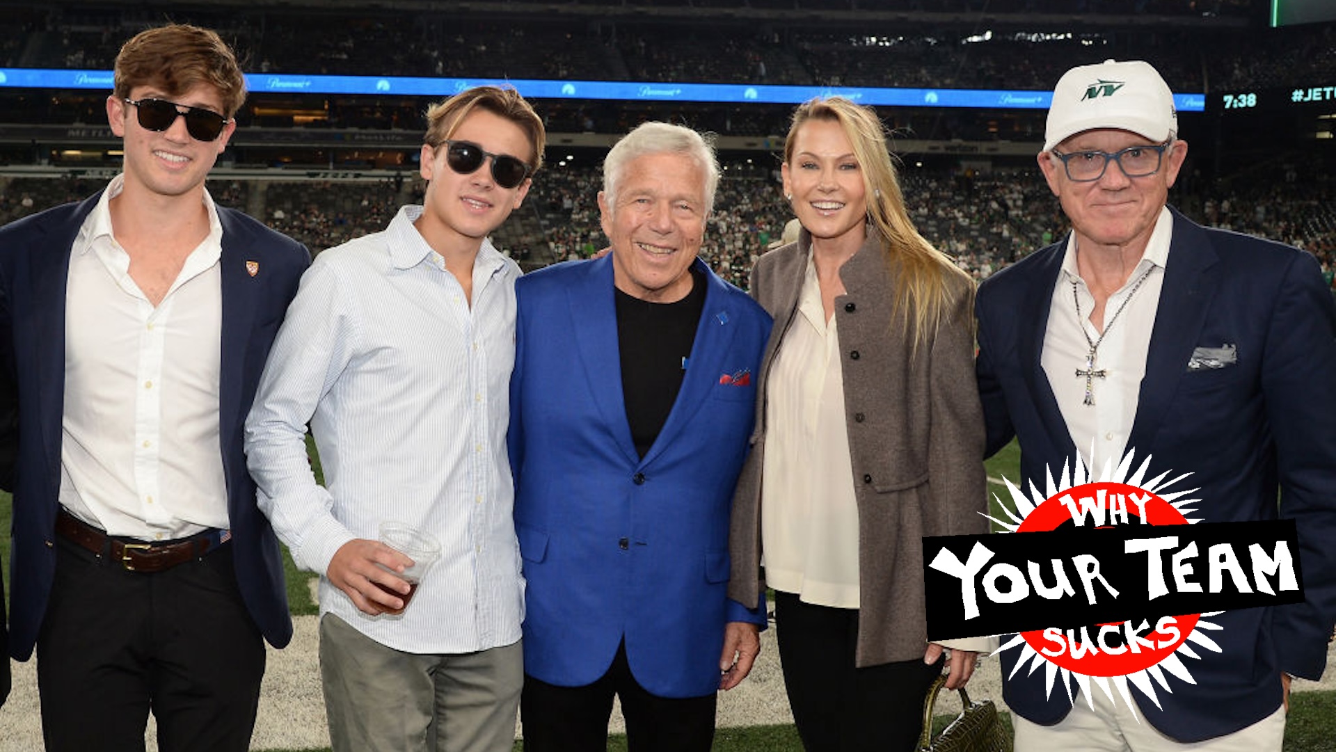 Brick Johnson, Jack Johnson, Robert Kraft, Suzanne Johnson and Woody Johnson attend the New England Patriots vs. the New York Jets game at Met Life Stadium on September 19, 2024 in East Rutherford, New Jersey.