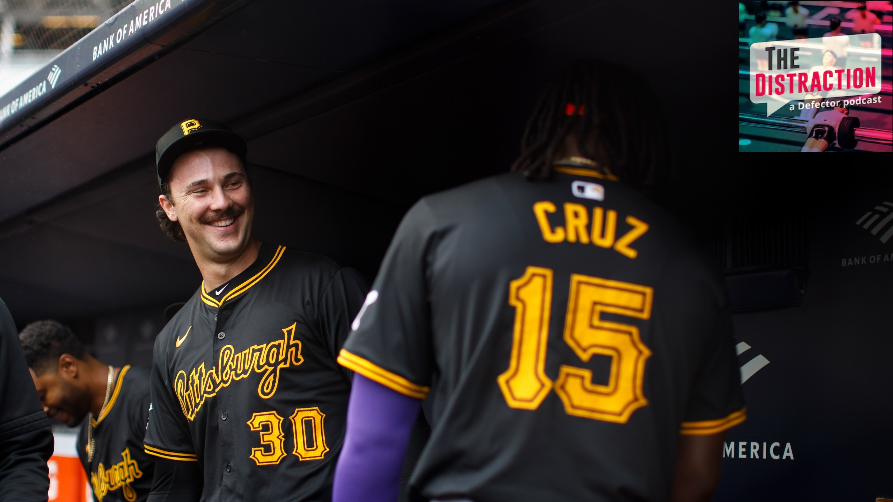 Paul Skenes of the Pittsburgh Pirates jokes with Oneil Cruz #15 during the game between the Pittsburgh Pirates and the New York Yankees in 2024.