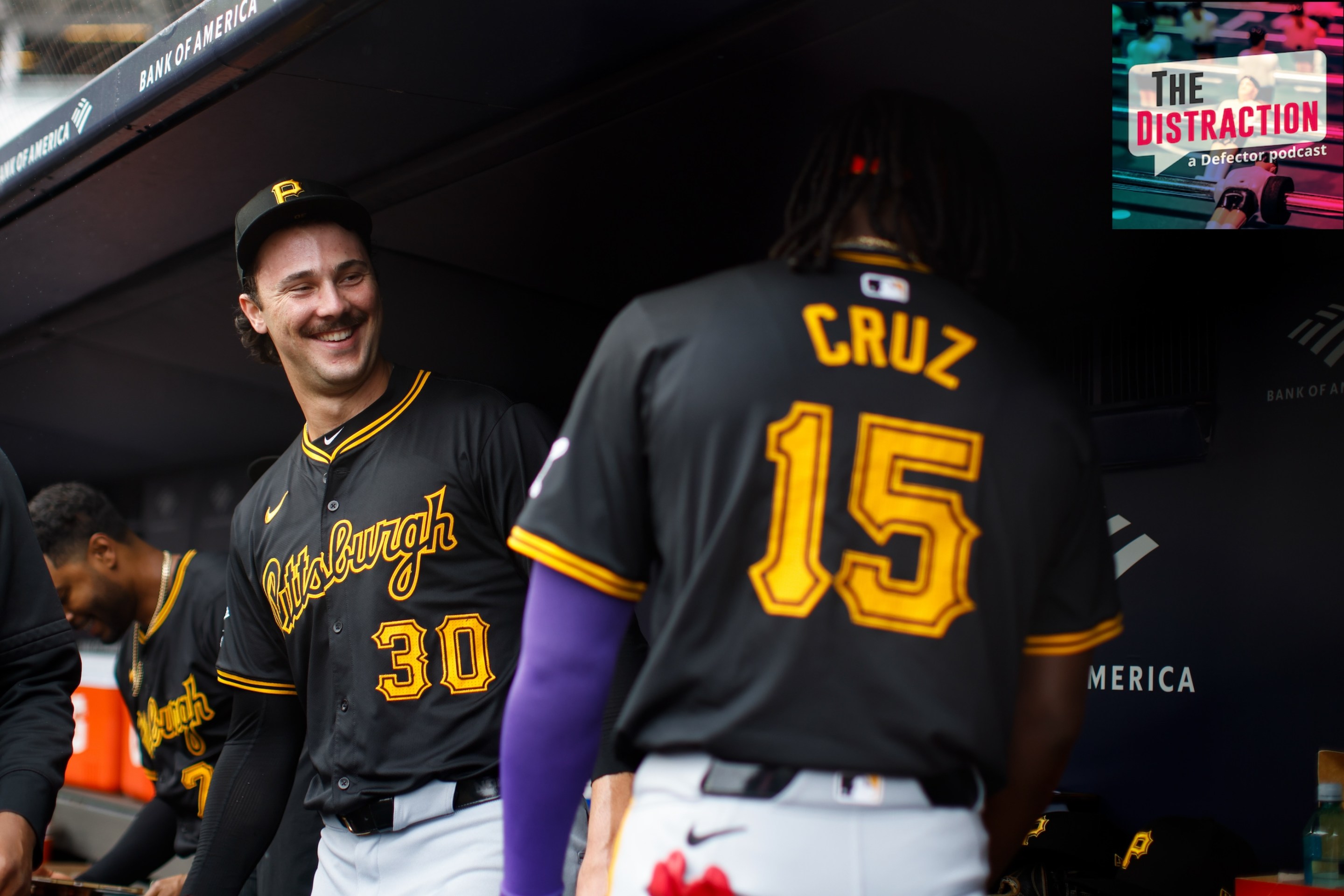 Paul Skenes of the Pittsburgh Pirates jokes with Oneil Cruz #15 during the game between the Pittsburgh Pirates and the New York Yankees in 2024.