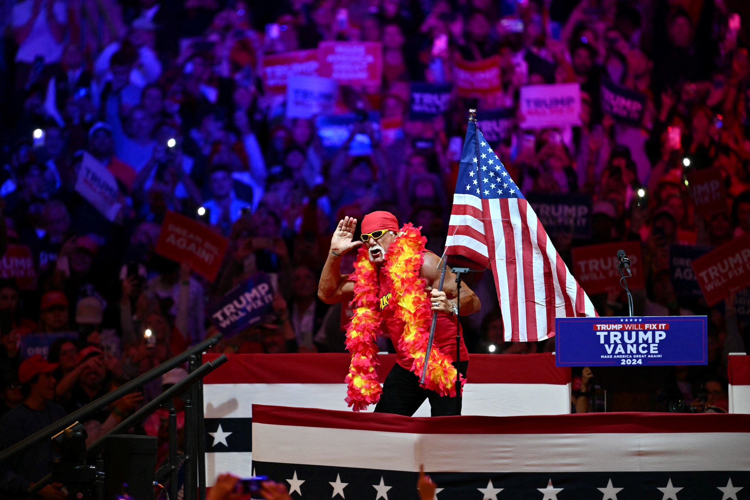 Terry Bollea performs as Hulk Hogan at a Donald Trump campaign rally.