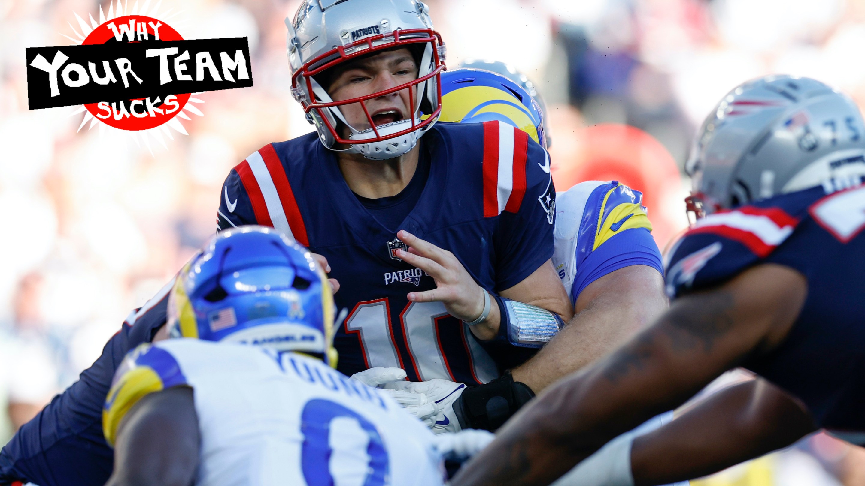 New England Patriots QB Drake Maye is sacked by Los Angeles Rams DT Braden Fiske and fumbles the ball in the second quarter at Gillette Stadium.