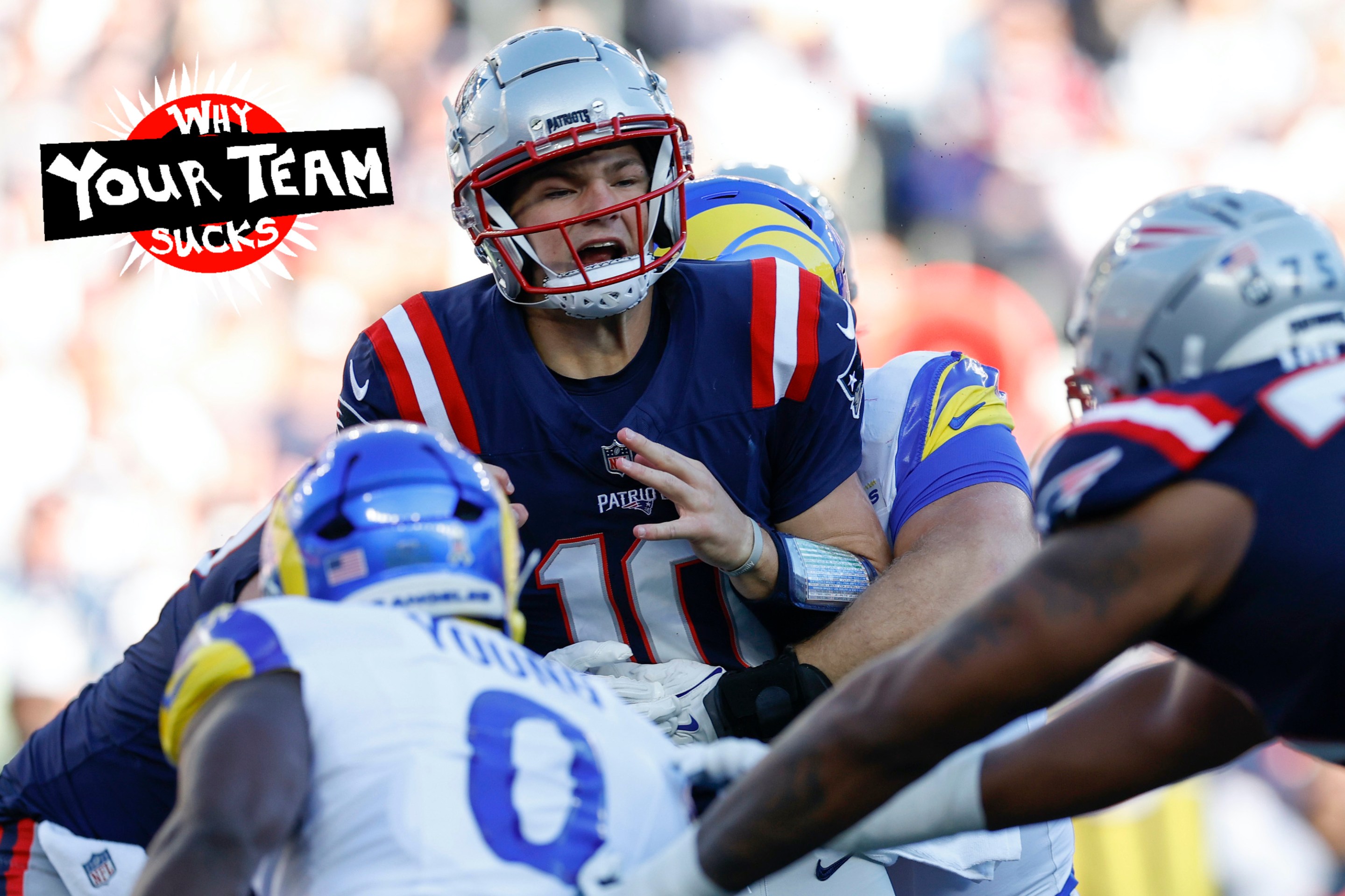 New England Patriots QB Drake Maye is sacked by Los Angeles Rams DT Braden Fiske and fumbles the ball in the second quarter at Gillette Stadium.