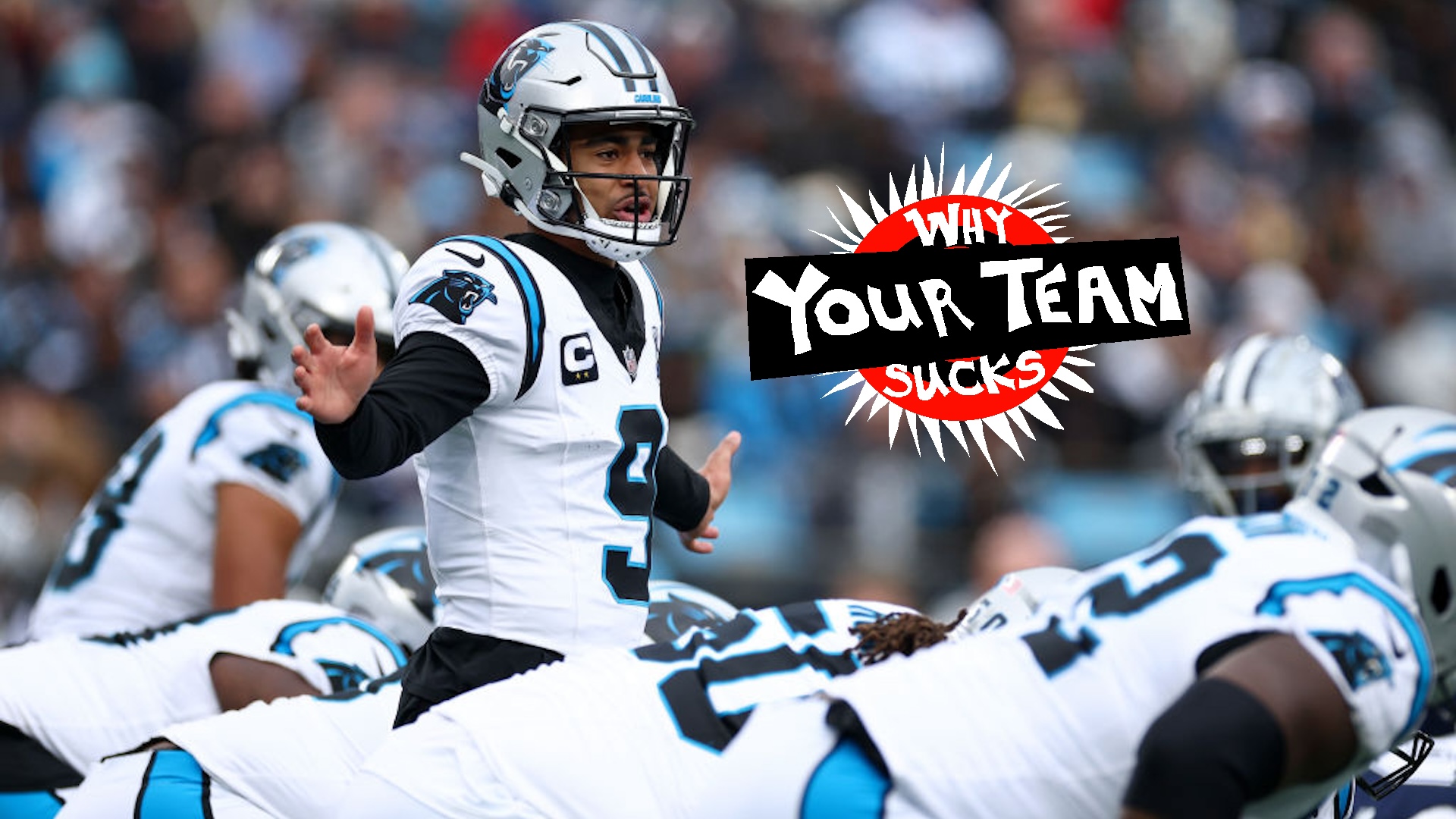 Bryce Young #9 of the Carolina Panthers makes a call from the line of scrimmage during the first half of the game against the Dallas Cowboys at Bank of America Stadium on December 15, 2024 in Charlotte, North Carolina.